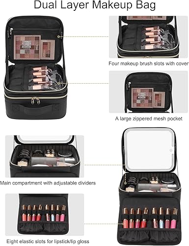 Miniatura 2 de Relavel Makeup Bag with LED Mirror, Travel Makeup Case with Rechargeable Lighted Mirror 3 Color Lights, Dual Layer Cosmetic Box Makeup Brush
