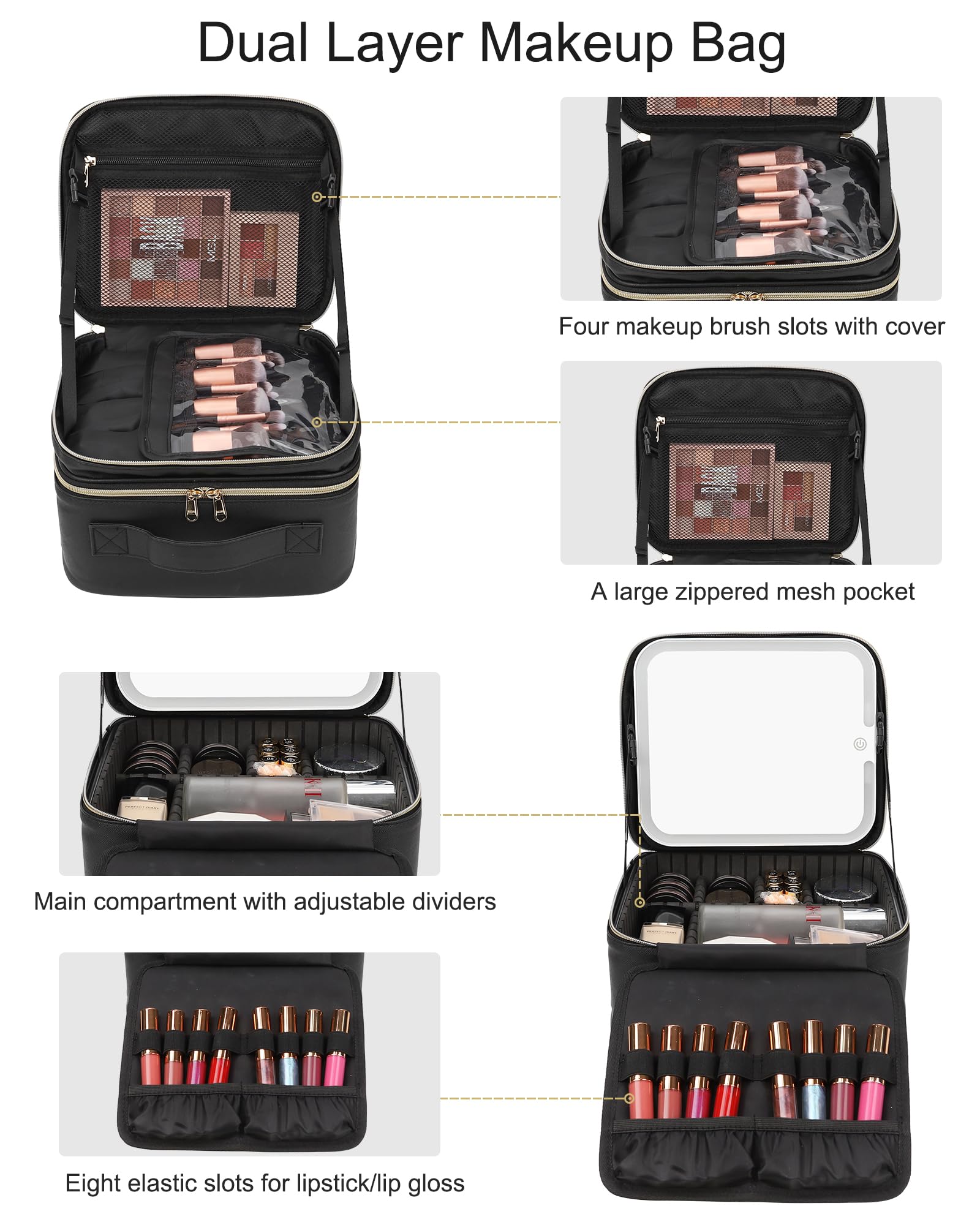 Chomeiu Makeup Bag with LED Mirror, Adjustable Dividers and Brush Holder