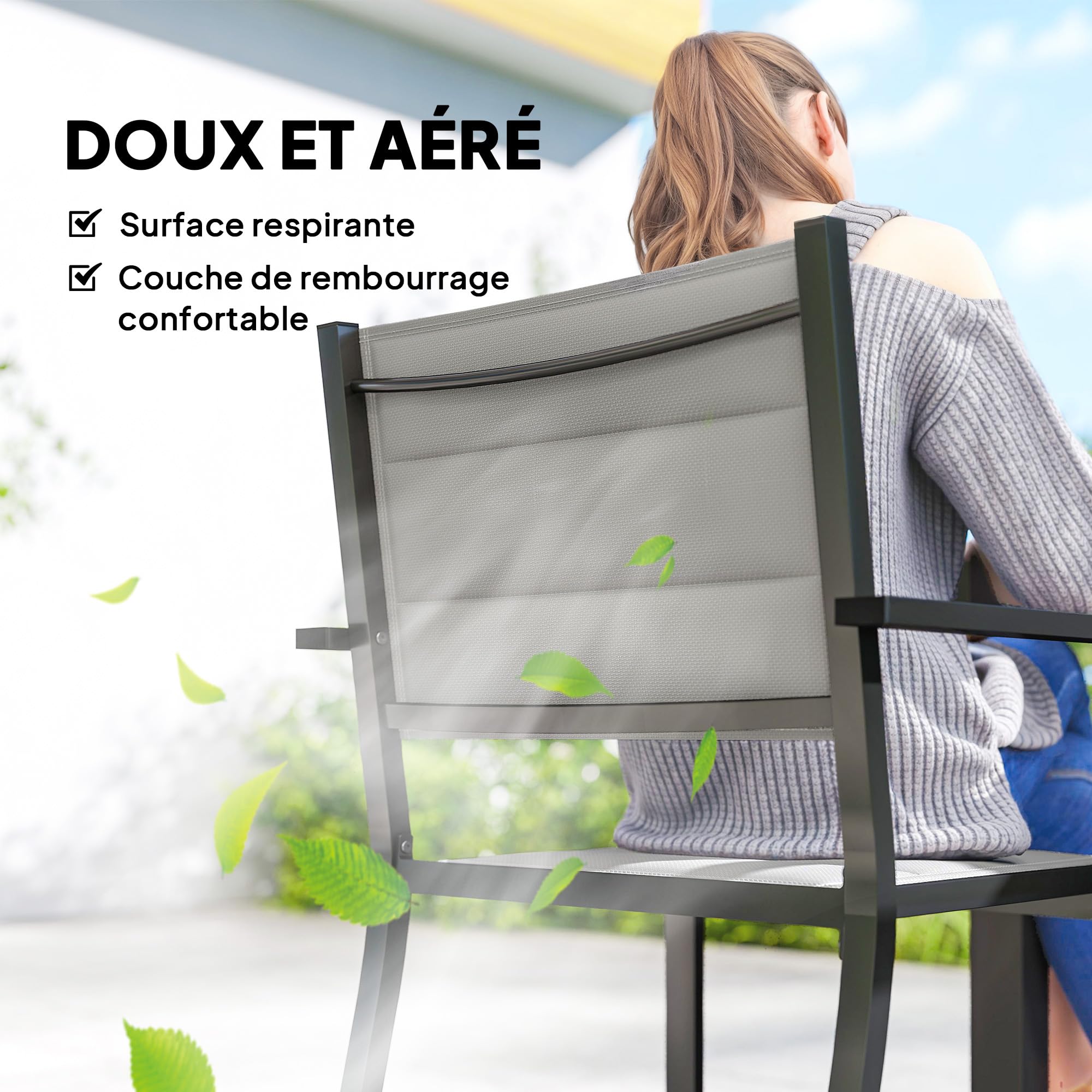 Outsunny Salon de Jardin 7 Pièces Table Extensible Aluminium - Ensemble Mobilier de Jardin avec 6 Chaises Empilables Textilène Rembourré - Meuble pour Terrasse Extérieur et Repas de Famille, Gris