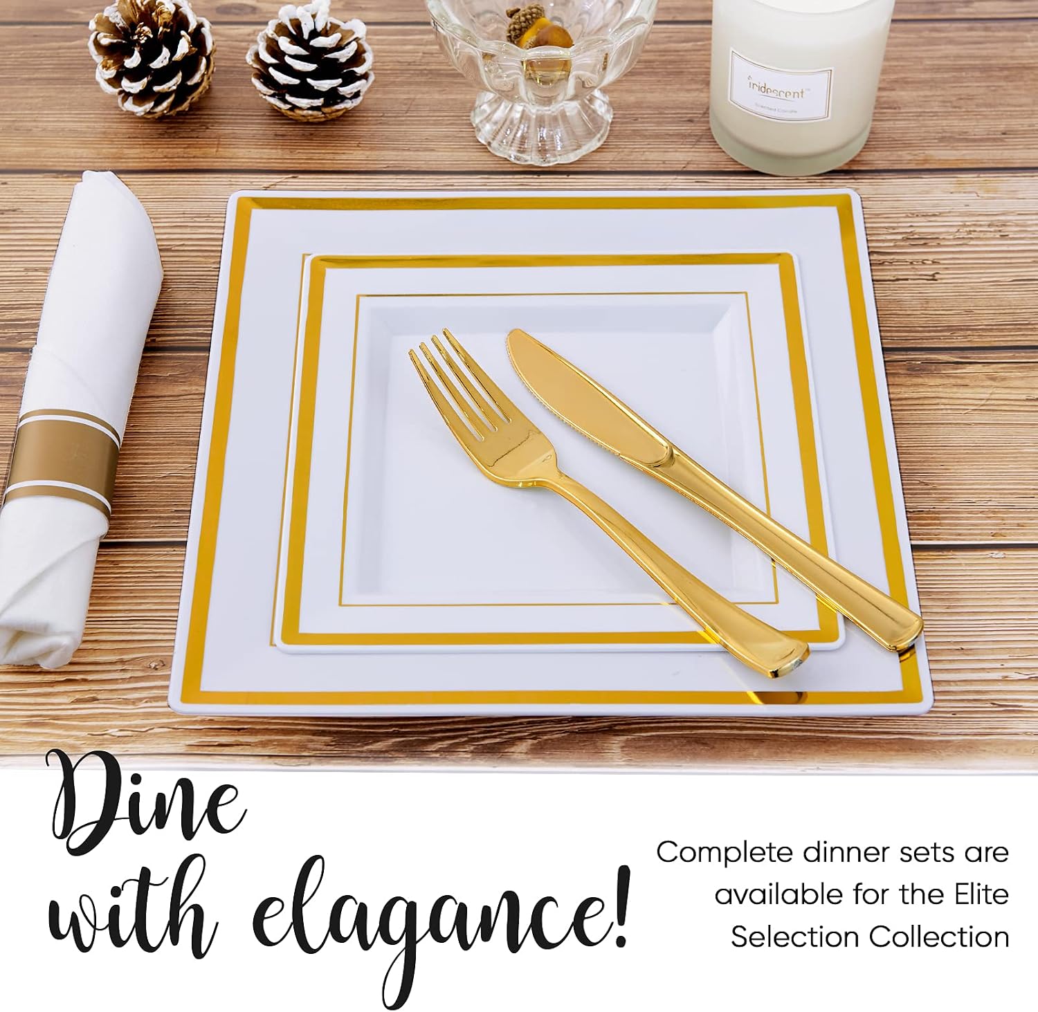 JOLLY CHEF 60 Pack Plastic Dinner Plates- Square Gold Plastic Plates with Elegant Gold Rim 9.5 Inch Disposable Plates for Wedding, Birthday, Halloween and Party