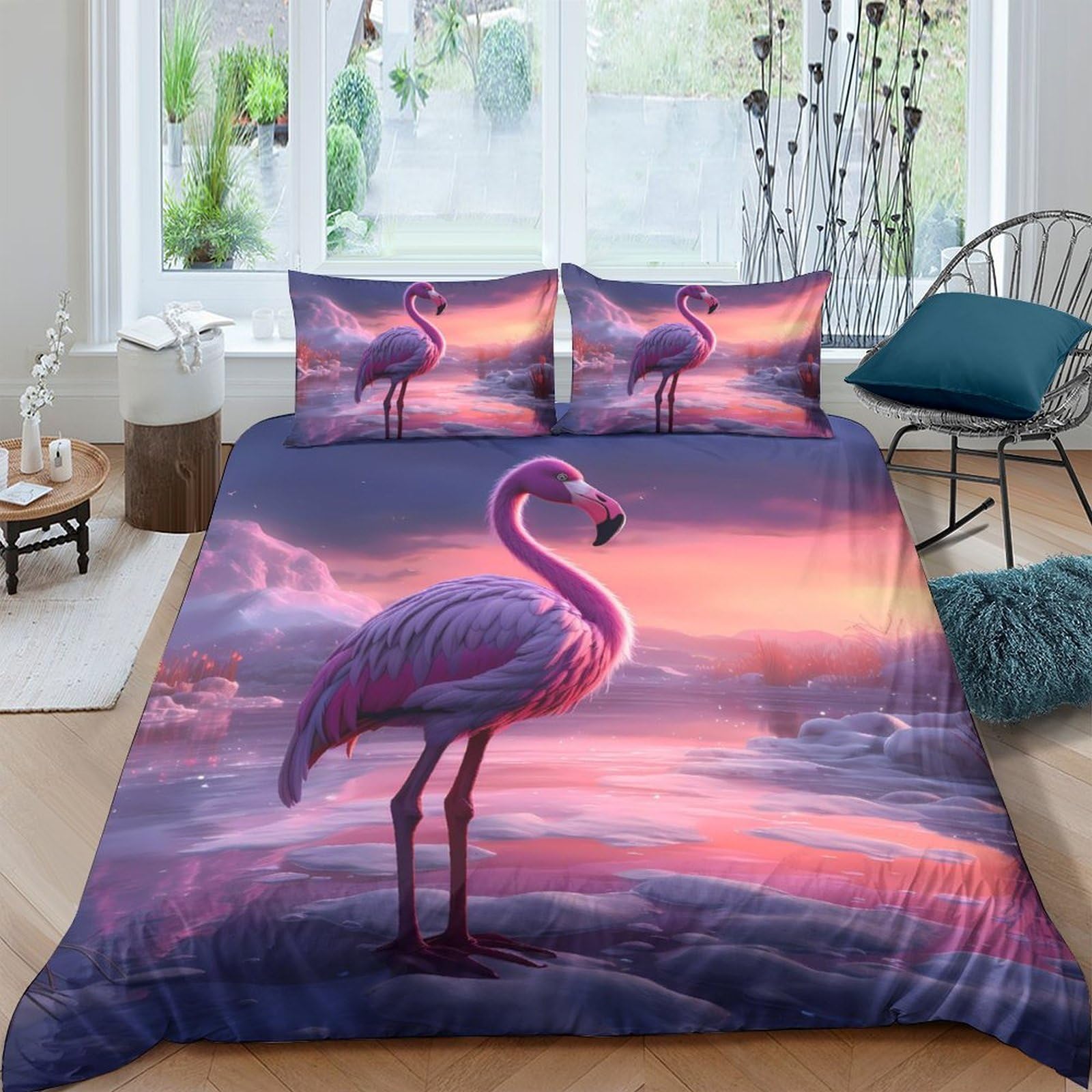 Ctjqhvkz Style-8 3D Printed Sunset Flamingo Fitted Sheet Microfiber Soft Breathable Lake View Bed Cover For Bedroom Dorm Mattress Protection Home Decor Single（135X200cm）