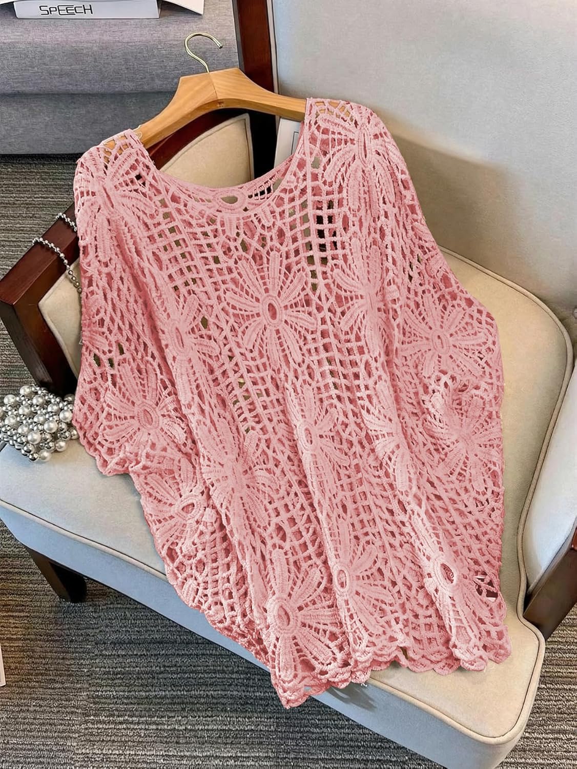MakeMeChic Women's Plus Size Boho Tops Crochet Sweater Dolman Sleeve Beach Cover Up