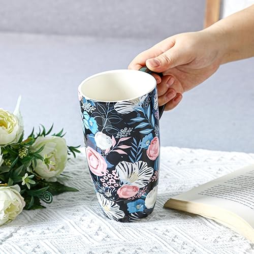 Miniatura 18 de Taza de café de viaje de cerámica con tapa para el hogar y la oficina, taza de té alta de porcelana de 17 onzas con mango de arte floral en caja