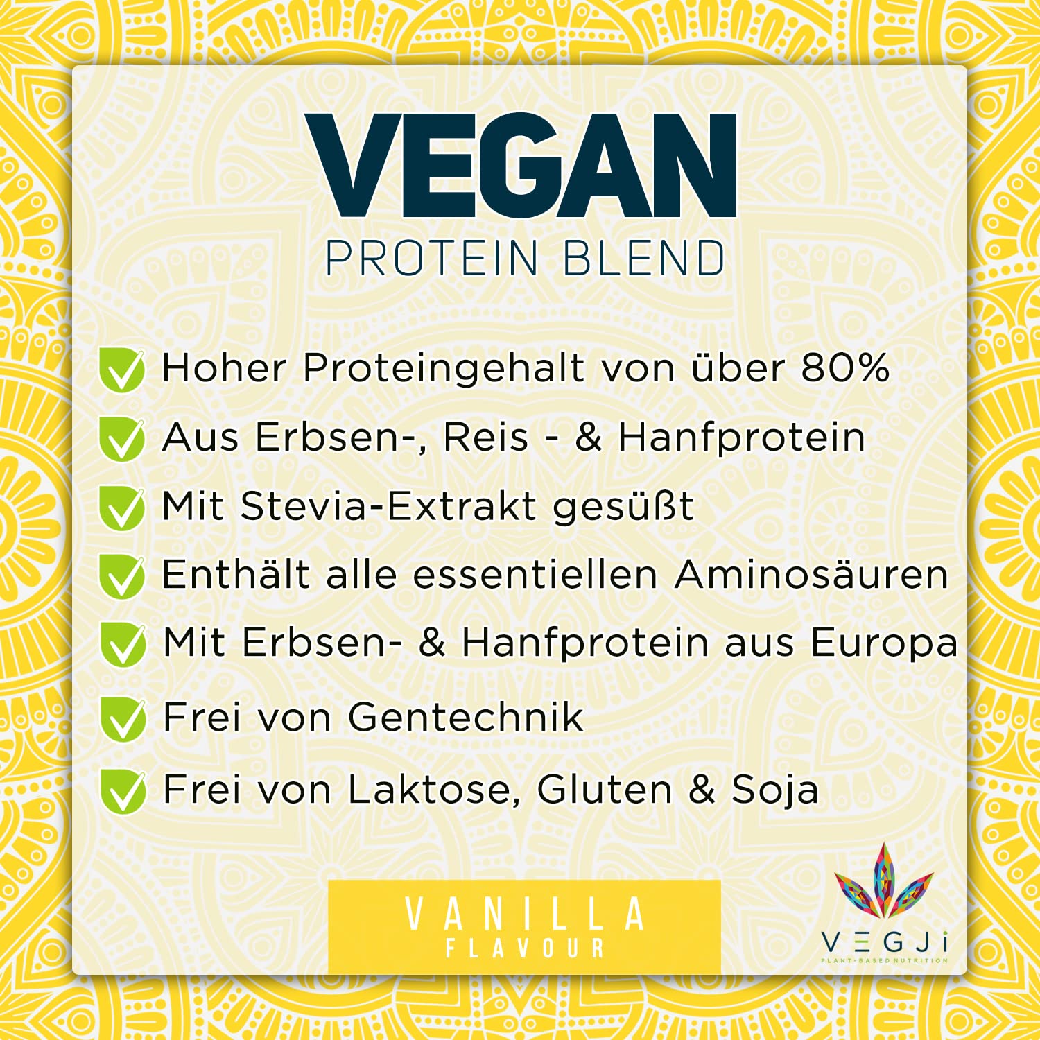 VEGJi Vegan Protein Blend 1000g | Erbsen-, Reis- & Hanfprotein | Hoher Proteingehalt | Natürliche Zutaten | Mit Stevia-Extrakt gesüßt (Vanille)