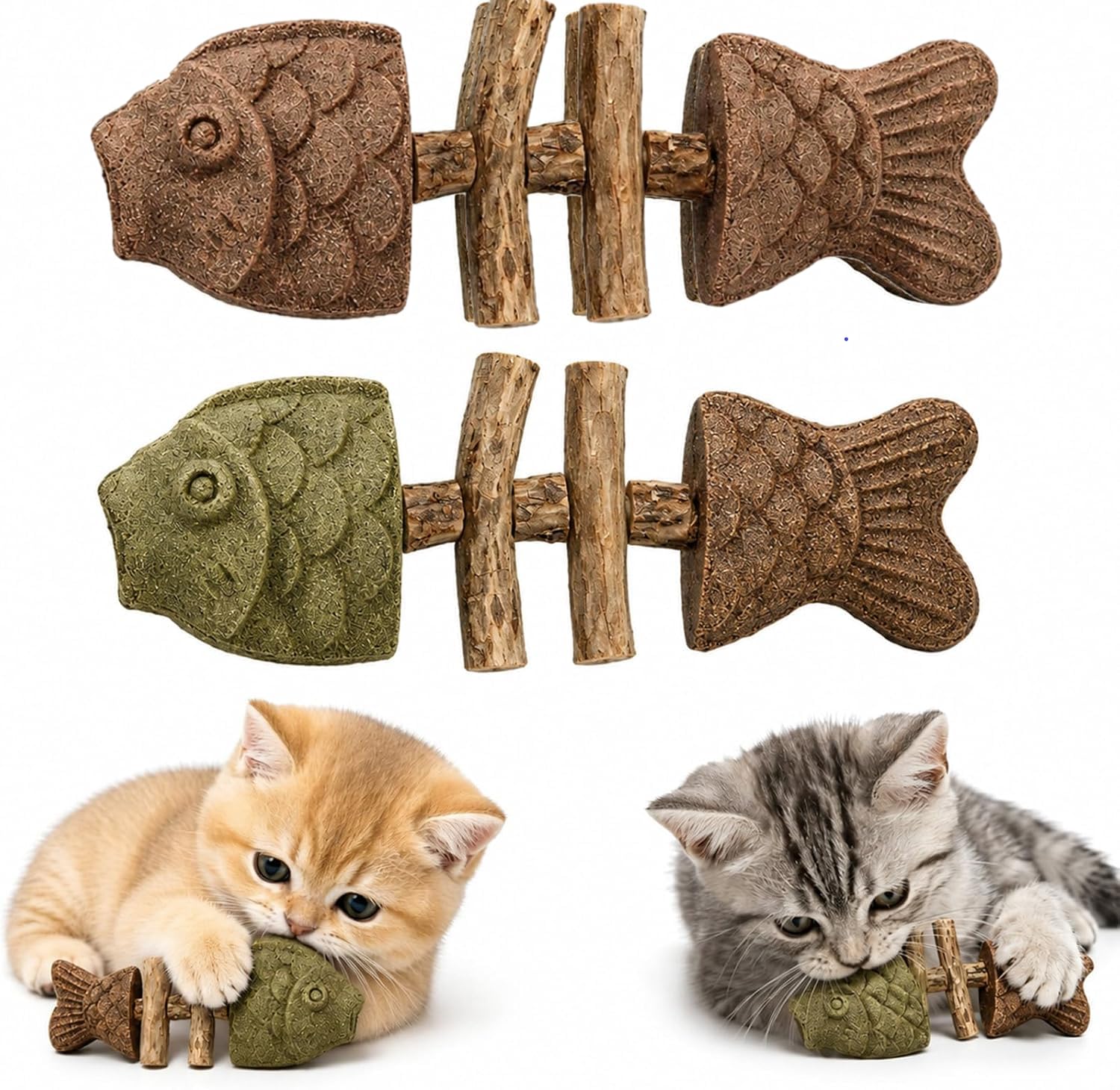 Collenatsy 2 PCS Catnip and Silvervine Chew, Natural Fishbone Chew Toy for Cats, Fishbone-Shaped Cat Dental Toy for Chewing, Licking, Pawing, Boredom Relief & Enrichment for Cats
