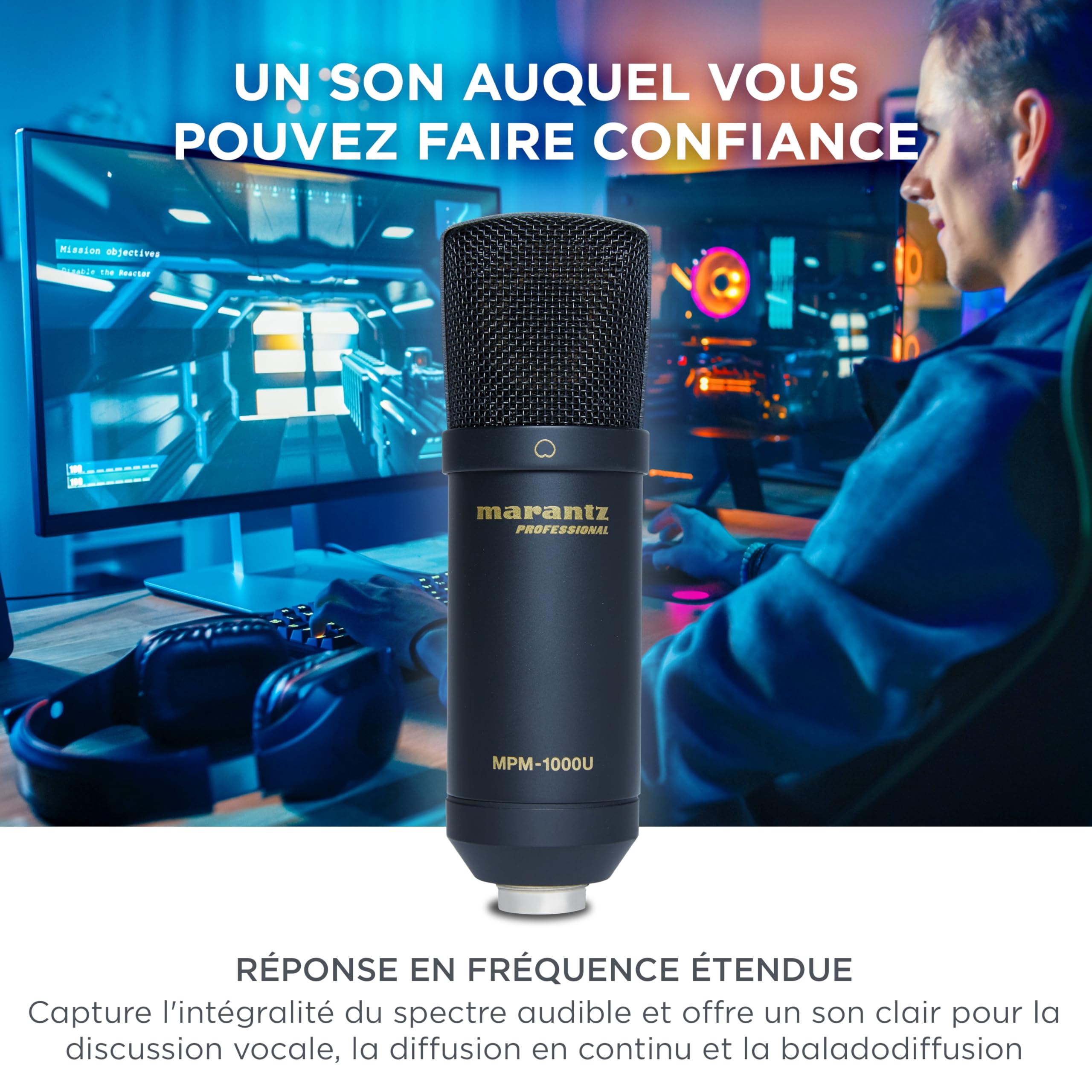 Marantz Professional MPM1000U Microphone à Condensateur USB pour Gaming, Streaming et Podcasting - Interface Audio Intégrée, Support Bureau, Plug-and-Play, Noir | Plug and Play USB, compatible PC et Mac, pour chat vocal, création de contenu, jeux, streami