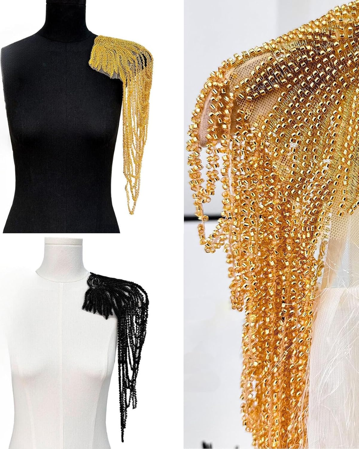 1 Pair Handmade Rhinestone Applique for Clothes, Sparkle Crystal Sewing Patches for Wedding Dress, Glass Beads Fringe Epaulettes for Shoulder Bodice Jacket Party Embellishment (Black)