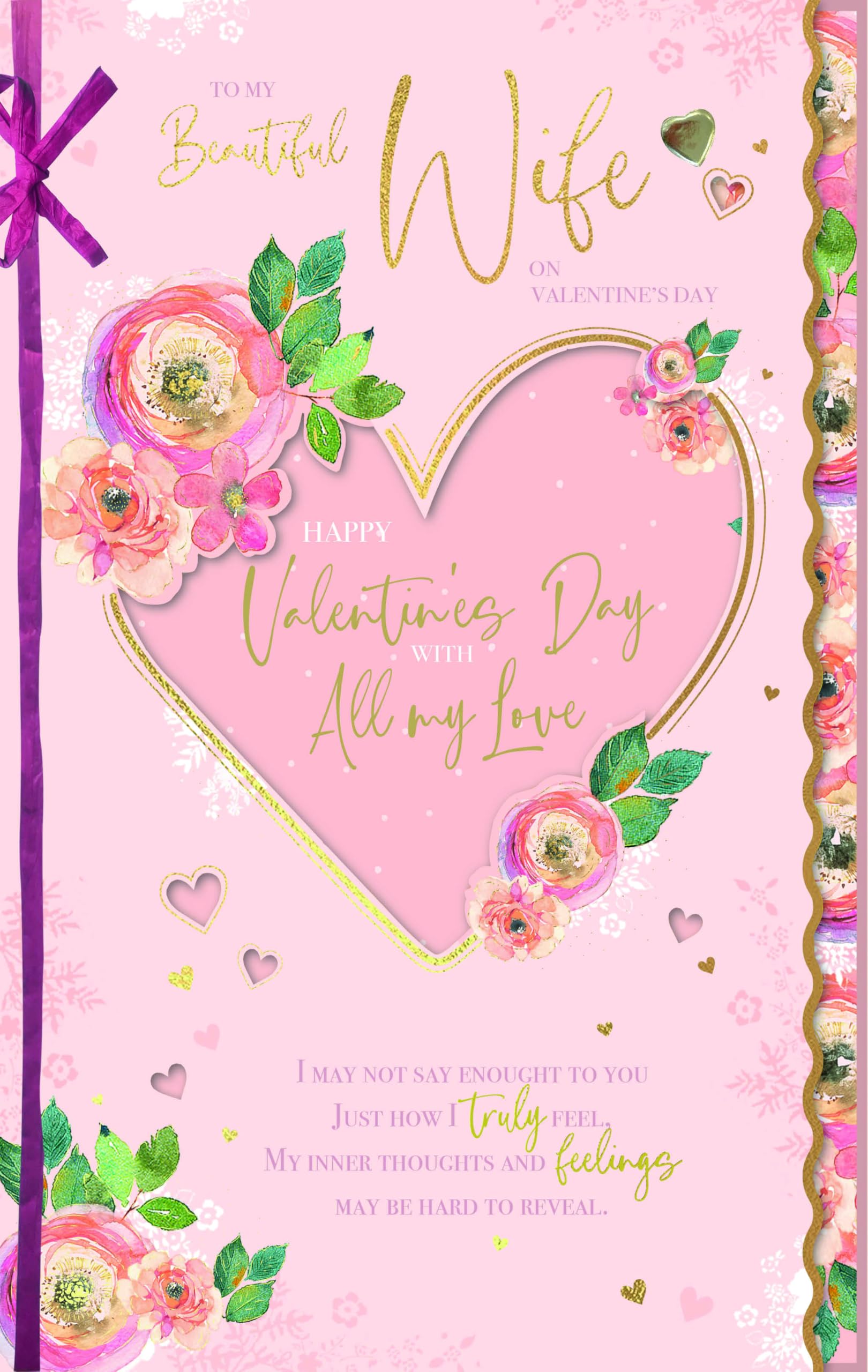 Wishing Well Luxury Handmade Valentine's Day Card 'To My Beautiful Wife', Heart & Flowers, 7x11in