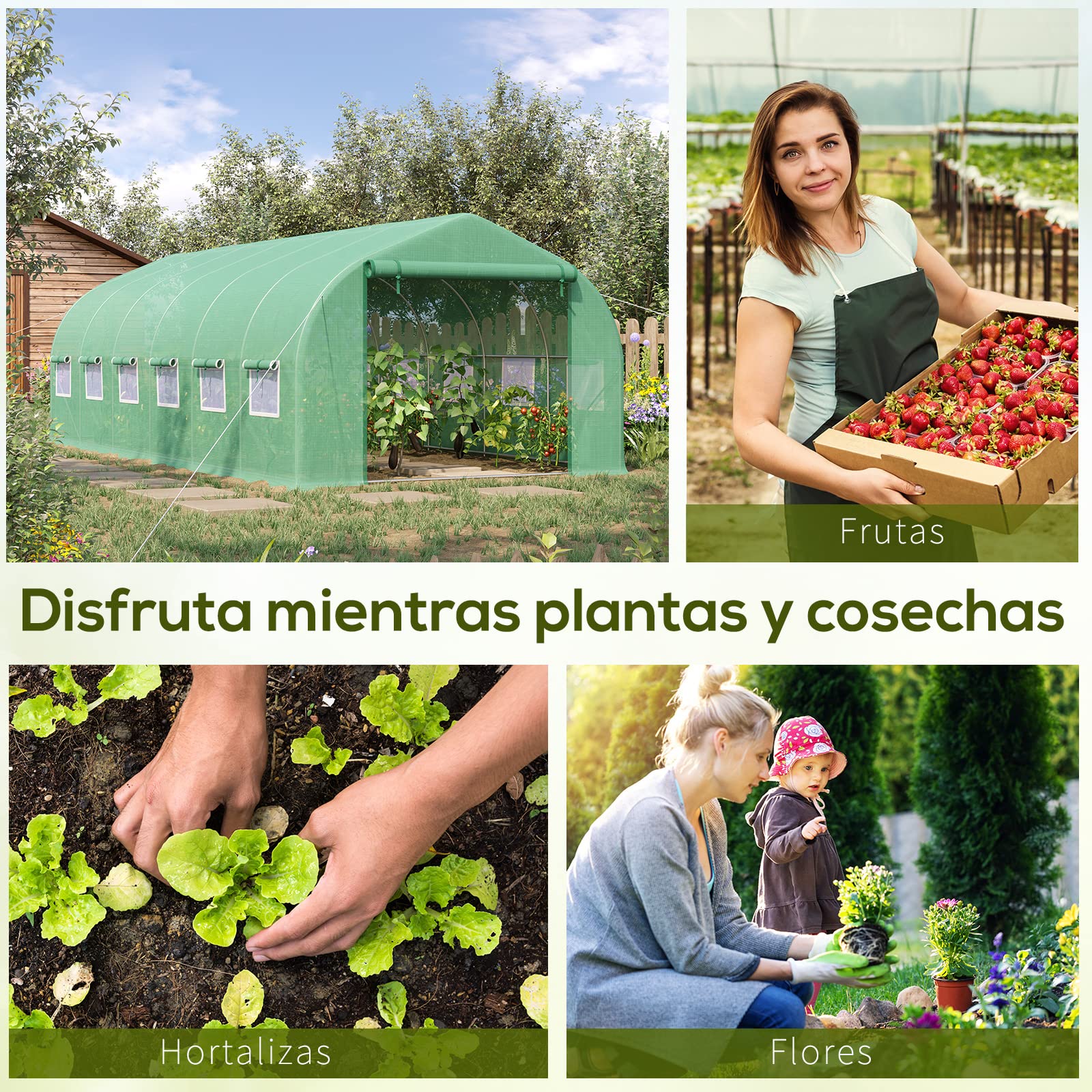 Outsunny Invernadero de Exterior Invernadero de Túnel 6x3x2 m Invernadero de Jardín Grande con 12 Ventanas y Puerta Enrollable con Cremallera Macro de Metal para Cultivo Plantas Verde