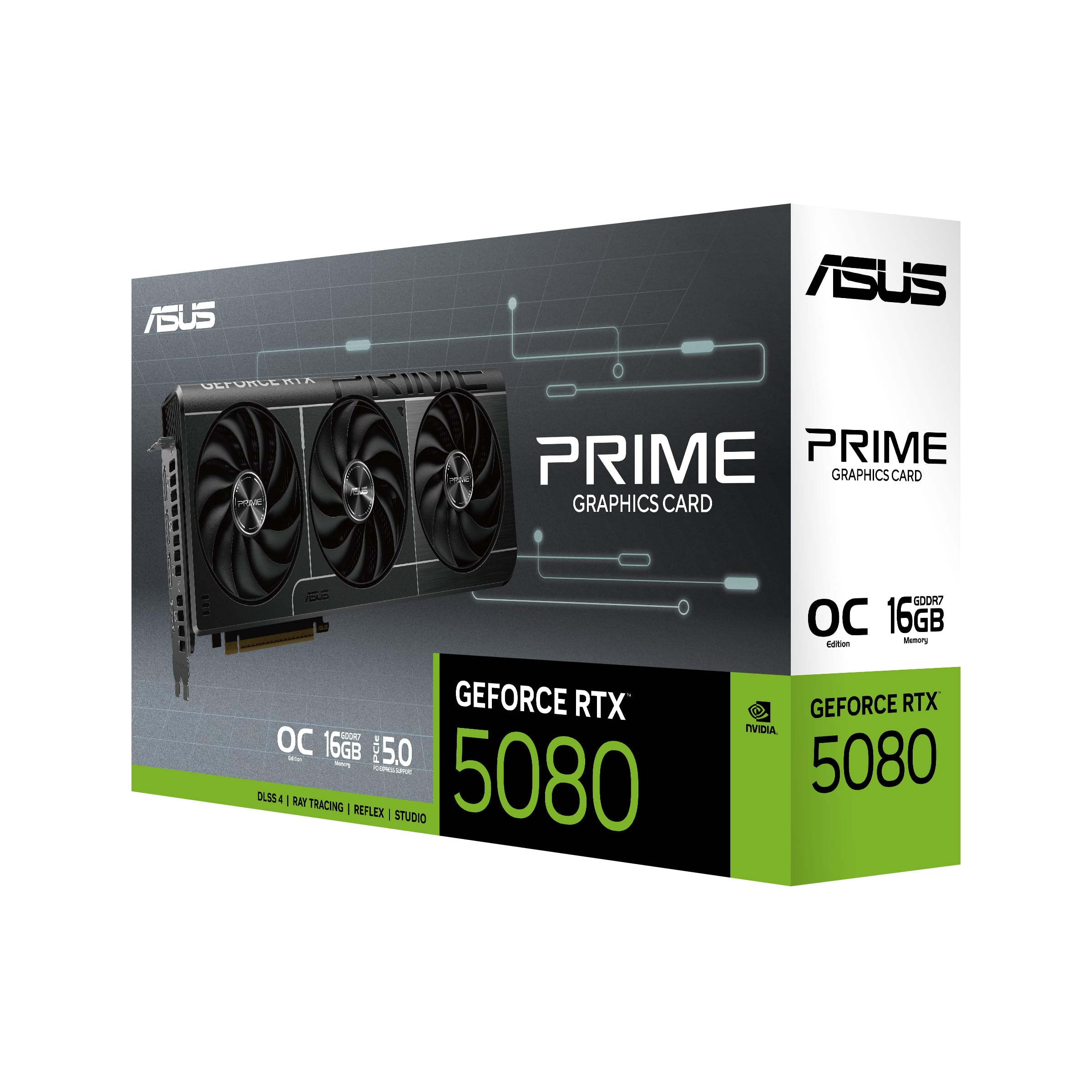 ASUS Tarjeta gráfica Prime NVIDIA GeForce RTX™ 5080 EVO de 16 GB GDDR7 OC Edition (PCIe® 5.0, HDMI®/DP 2.1, 2.5 Ranuras, Ventiladores Axial-Tech, BIOS duales)