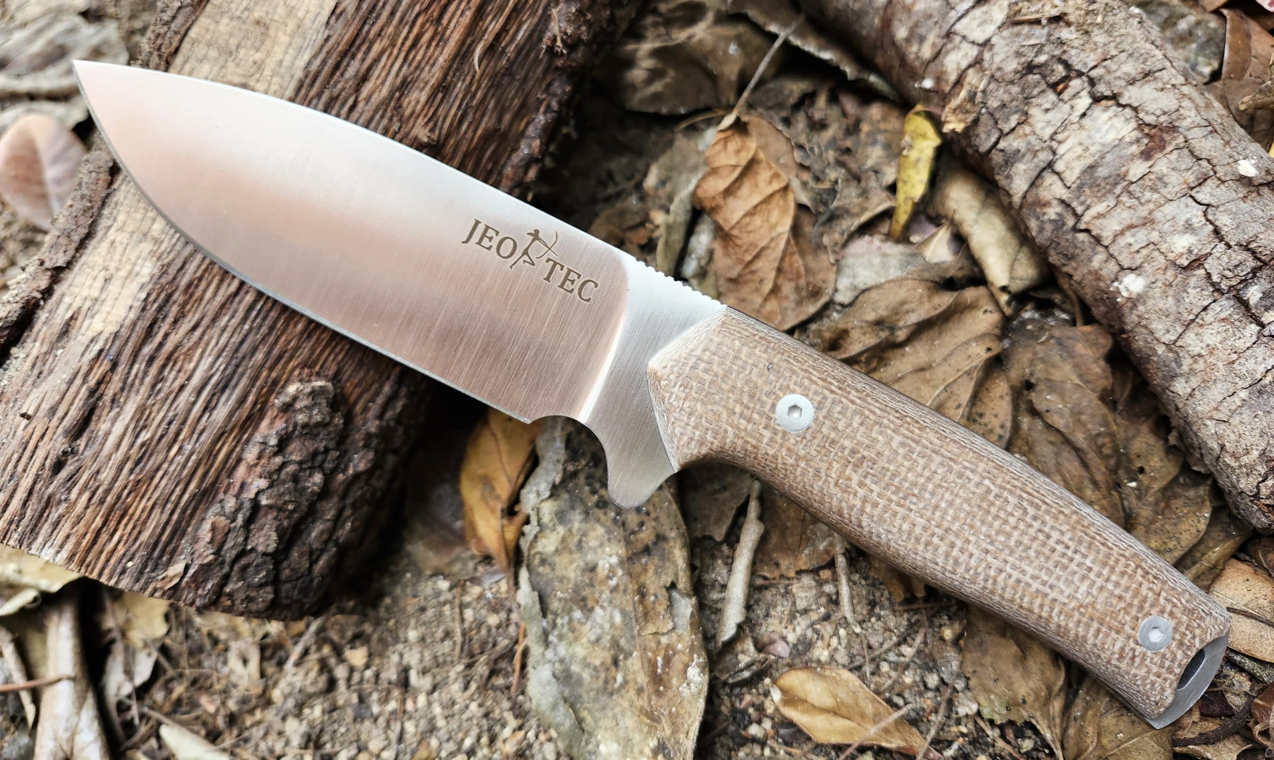 JEO-TEC Nº21 Nóż Bushcraft, nóż do paska na zewnątrz, nóż myśliwski, nóż survivalowy wielofunkcyjny , stałe ostrze, BÖHLER N690C, z naturalna skorzana osłona + krzesiwo + ostrzalka do noży , recznie robiony w Hiszpanii