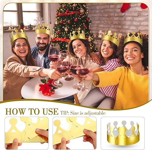 Vista 20 de Crtiin 100 coronas de papel doradas para fiesta de cumpleaños a granel para adultos, estudiantes, suministros de sombreros (estilo elegante)