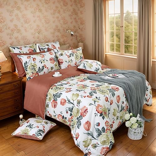 Miniatura 10 de FADFAY Juego de funda de edredón reversible, ropa de cama con diseño floral vintage de 800 hilos, 100% algodón egipcio, con cierre de cremallera