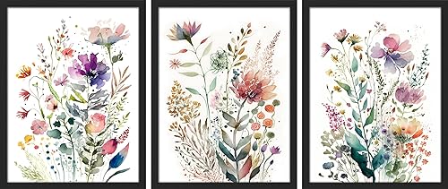 SIGNWIN Póster enmarcado en acuarela pastel de flores silvestres vibrantes, naturaleza silvestre, ilustraciones modernas, arte decorativo,