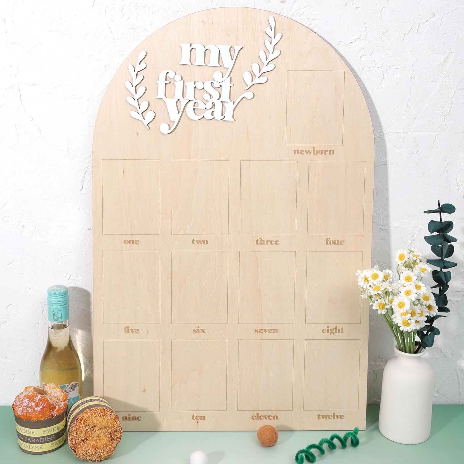 Baby 1st Birthday Party Decorations - My First Year Monthly Photo Board,Wooden Arch Newborn Photo Sign,1 To 12 Months Photo Display,One Year Milestone Monthly Photos