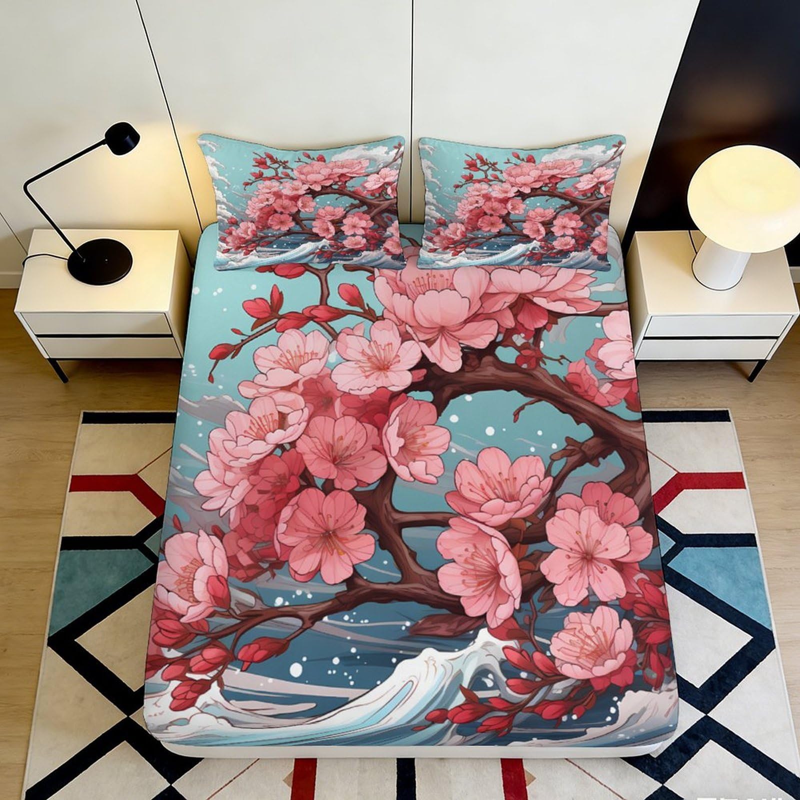 Jqzkxnhpbr Style-9 3D Printed Cherry Blossom Fitted Sheet Microfiber Blue Floral Japanese Wave Bed Cover For Home Bedroom Décor 90X200x25cm