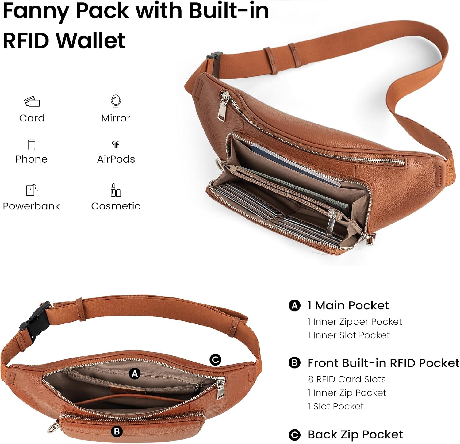 befen Genuine Leather Anti Theft Fanny Pack for Women, Waist Bag Crossbody Bags for Men Belt Bag with Built in RFID Wallet