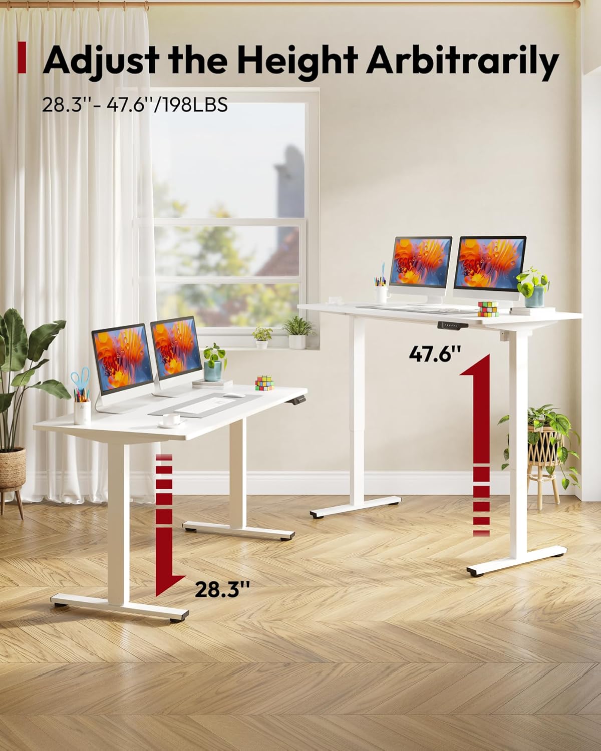 Image illustrating the height adjustment range of the SANODESK Electric Standing Desk, from 28.3 inches to 47.6 inches.
