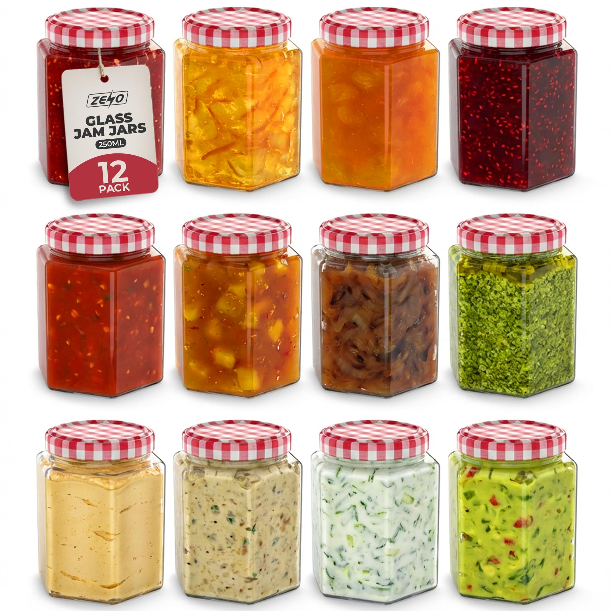 ZENO Glass Jam Jars 250ml | Glass Preserve Pots with Screw Top Red Gingham Lids | Airtight Pickle Jars | Homemade Jam | Marmalade & Chutney Jar (12 Pack)