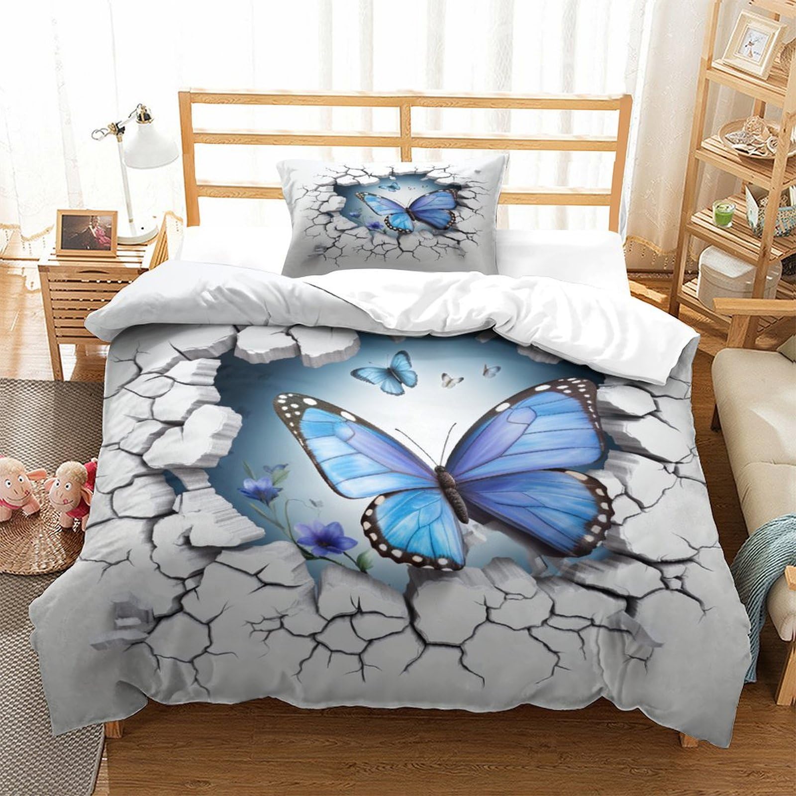 P1S9U7W5Y 3D Printed Cracked Stone Blue Butterfly 3 Piece Duvet Cover Set Microfiber Bedroom Decor Butterfly Bedding Set for Adults Teens Soft Breathable Home Single（135x200cm）