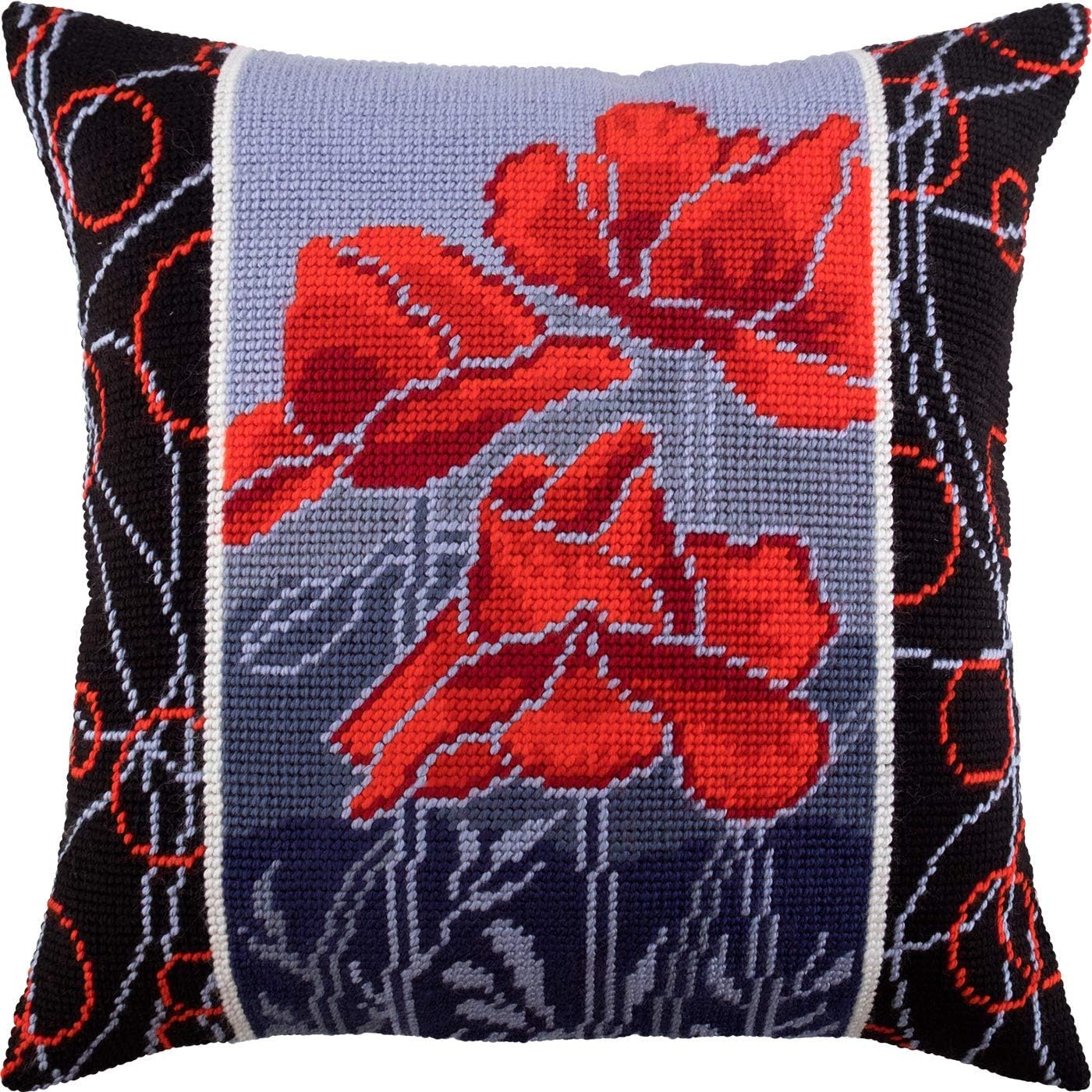 Brvsk Floral Stamped Cross-Stitch Kit for Adults and Beginners — Poppies in The Night 16″ × 16″ with Clear, Precise Printed Design on Cotton Canvas; Includes 2 Needles, Yarn, and Easy-Read Chart
