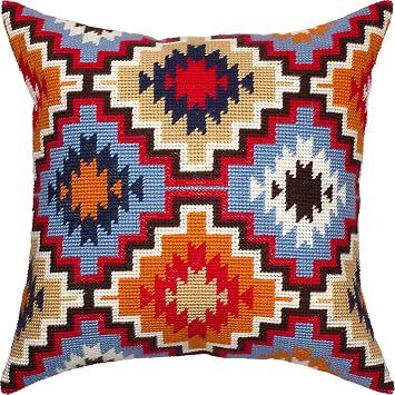 Brvsk Ornamental Embroidery Kit for Adults and Beginners Puebla Mexican Pattern 16 16 with Clear, Precise Printed Design on Cotton Canvas; Includes 2 Needles, Yarn, and Easy-Read Chart
