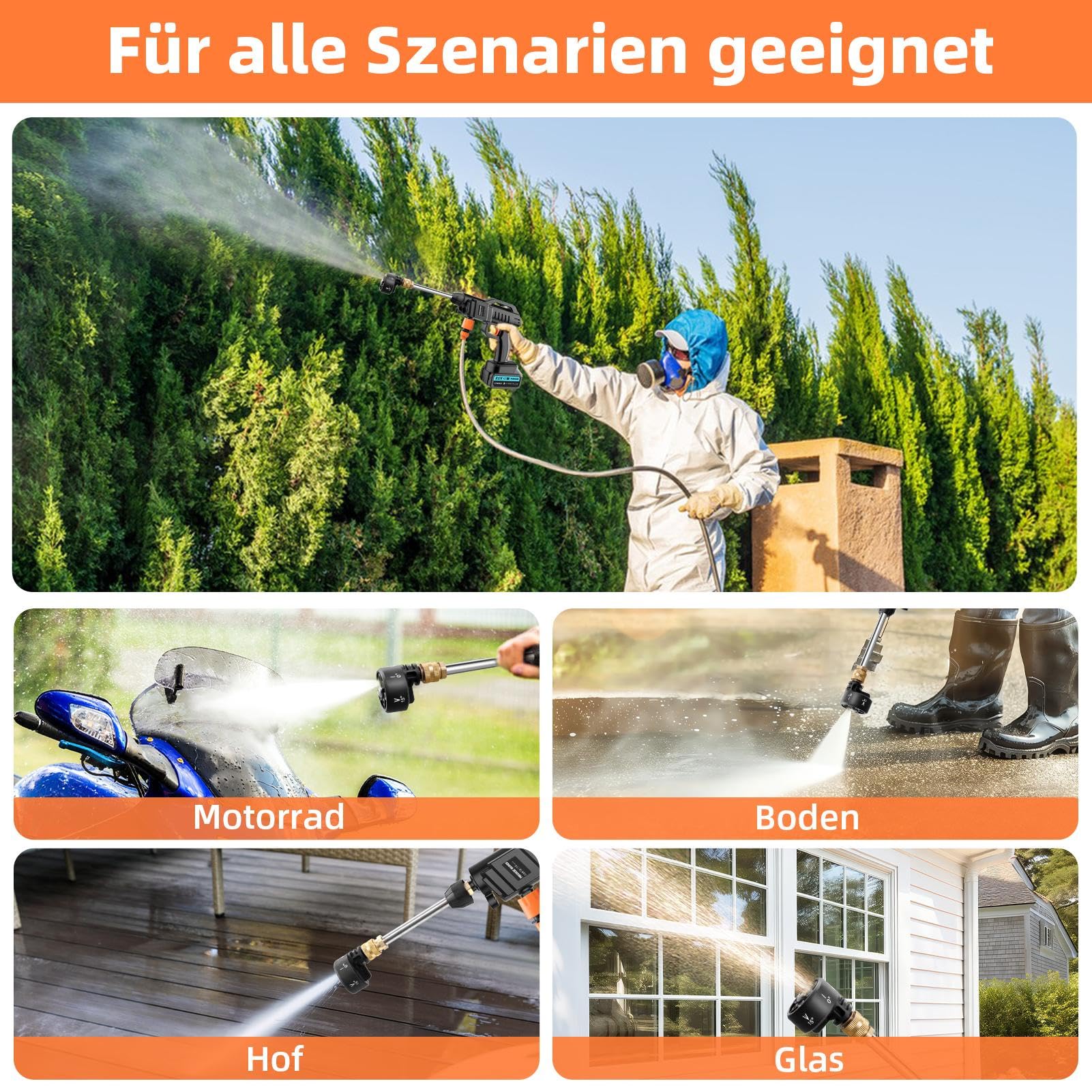 Viugreum Akku Hochdruckreiniger, 21V 100bar Hochdruckpistole Wasserpistole, Tragbarer Hochdruckreiniger Autowäsche mit 6-in-1-Multifunktions Düse, 2 Akkus, 5m Schlauch für Auto, Terrasse, Fenster Pool