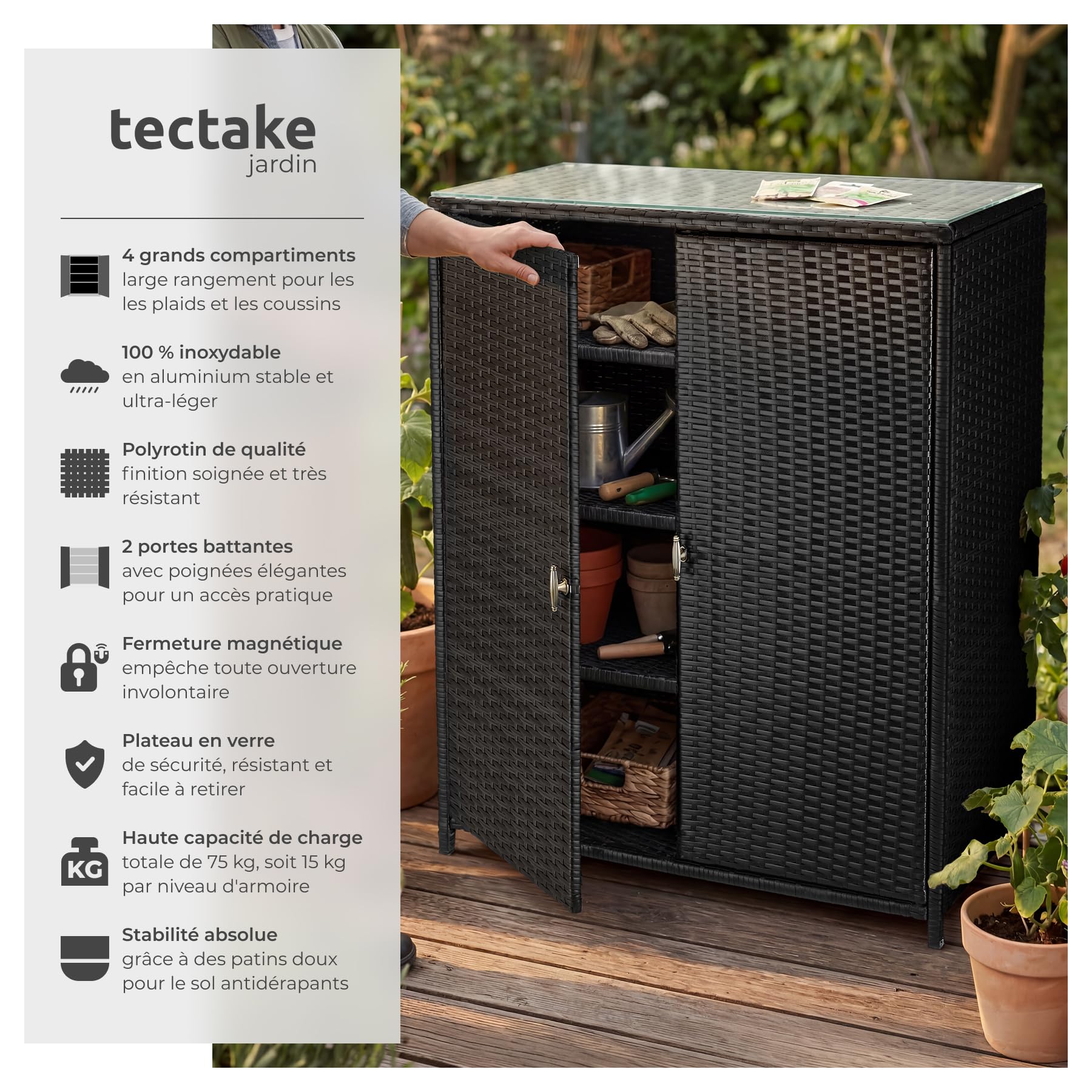 Tectake Armoire de Jardin 84,5x40,5x103,5 cm Résine tressée Aluminium 2 Portes 3 étagères 75 kg