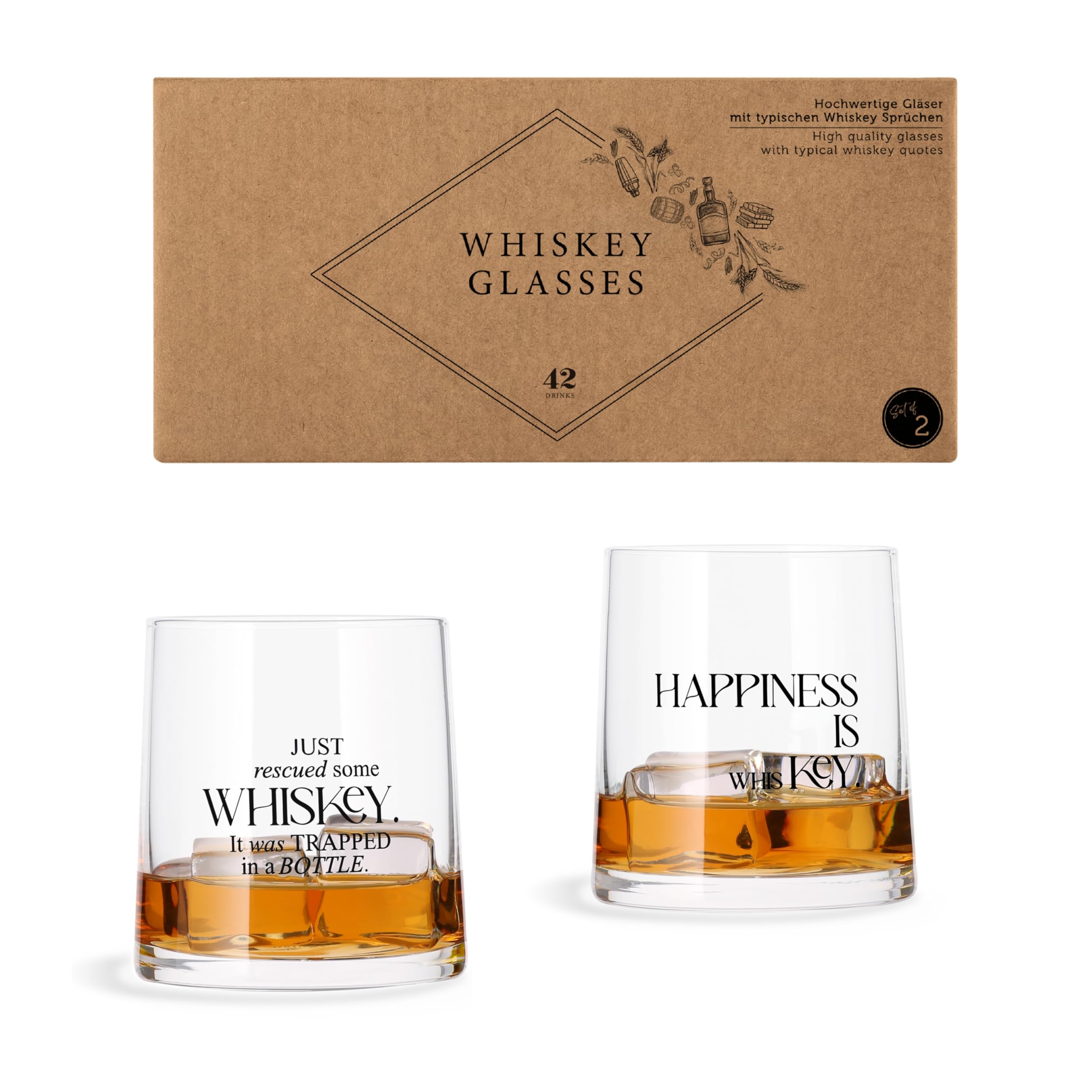 Whisky glasses - gift set of 2 with typical quotes - handmade - 2x350 ml - incl. recipes - gift packaging - whiskey gift for men