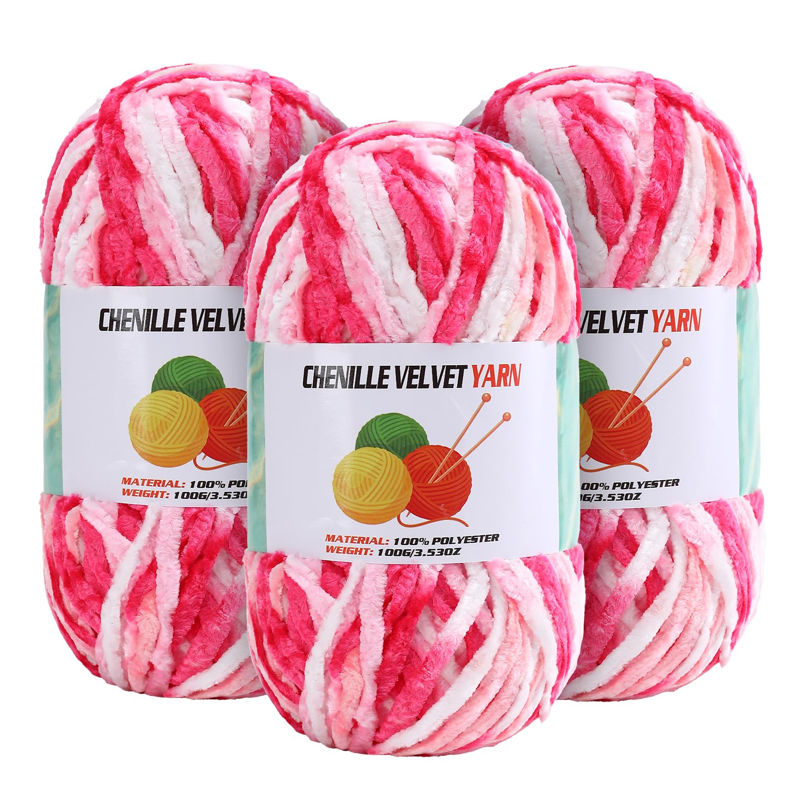 3 * 100g Velvet Chenille Chunky Yarn for Crocheting, Handcrafts Weaving Soft Chenille Yarn for Crocheting Clearance, Used for Making Baby Yarns Blanket, Clothes, Knitting Creations (Colorful - H)