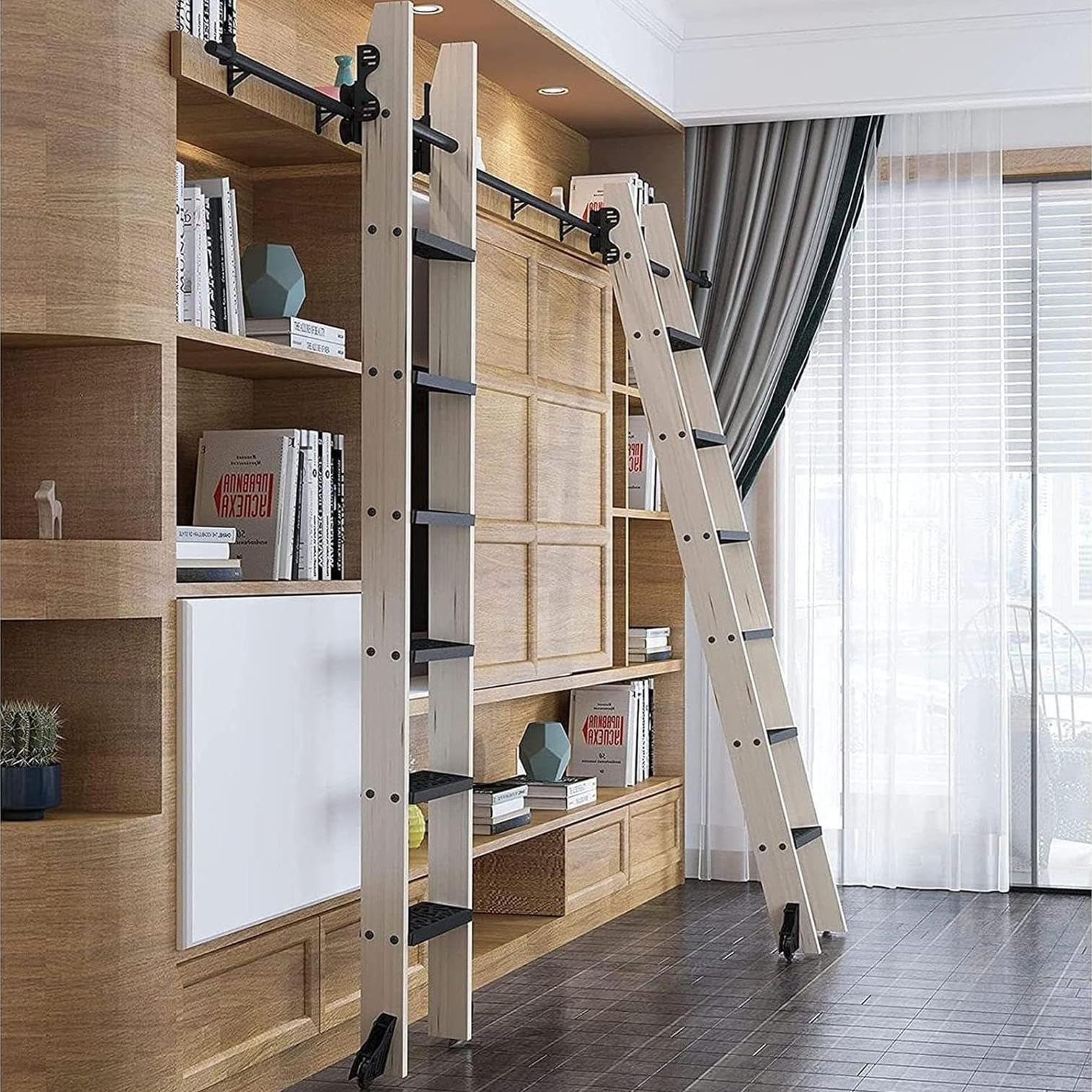 Scalable Rolling Bookshelf Ladder (without Ladder), Black Sliding Ladder Material Kit, Loft/study/living Room Mobile Track/rail with Pulley,300cm(9.8 ft) track kit