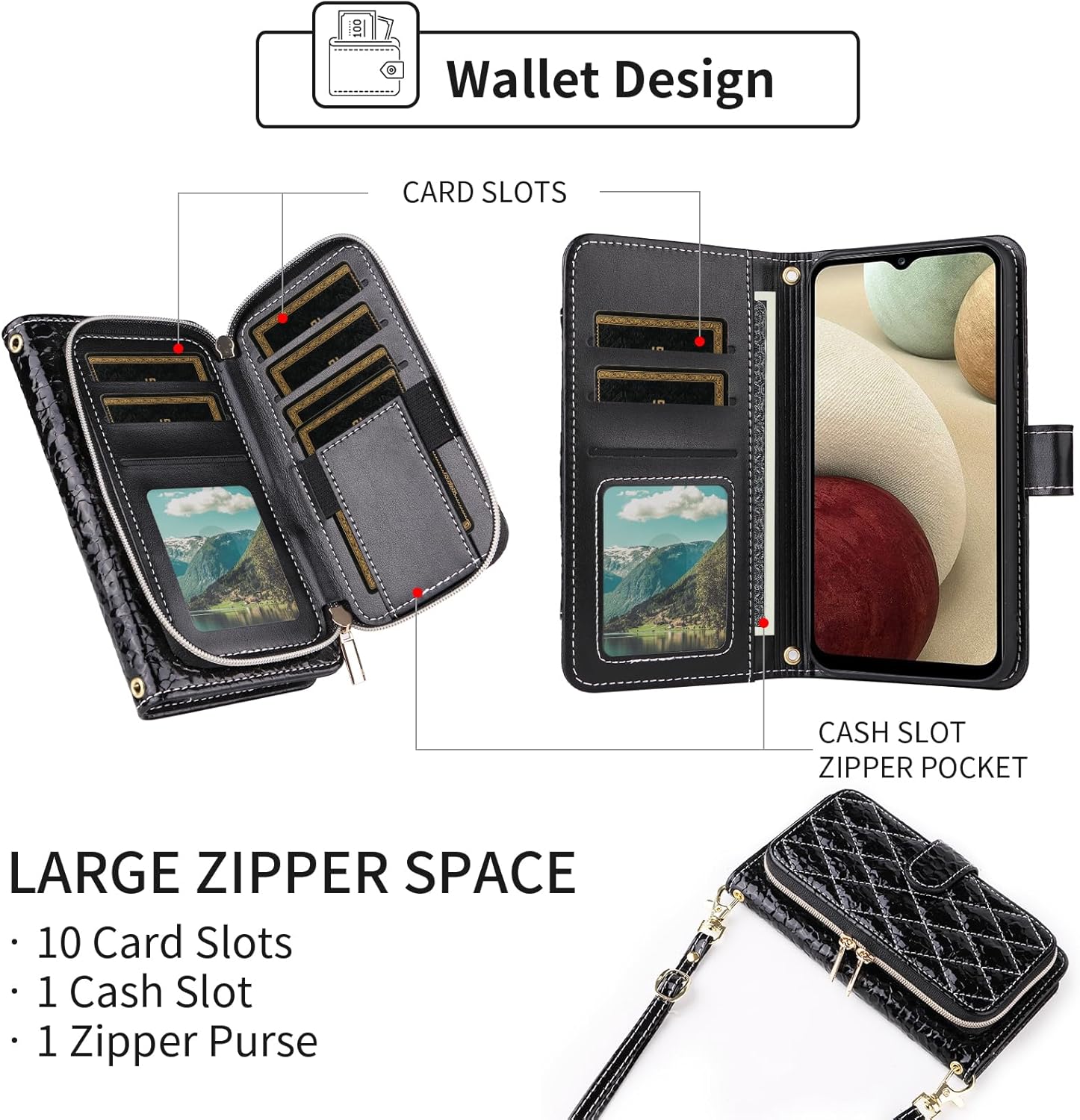 Argyle Wallet Case for Samsung Galaxy A42 5G with Crossbody/Wrist Strap Lanyard Luxury PU Leather Stand Zipper Purse Shockproof Card Holder Cell Phone Cover for A 42 G5 42A S42 4G 2021 Black