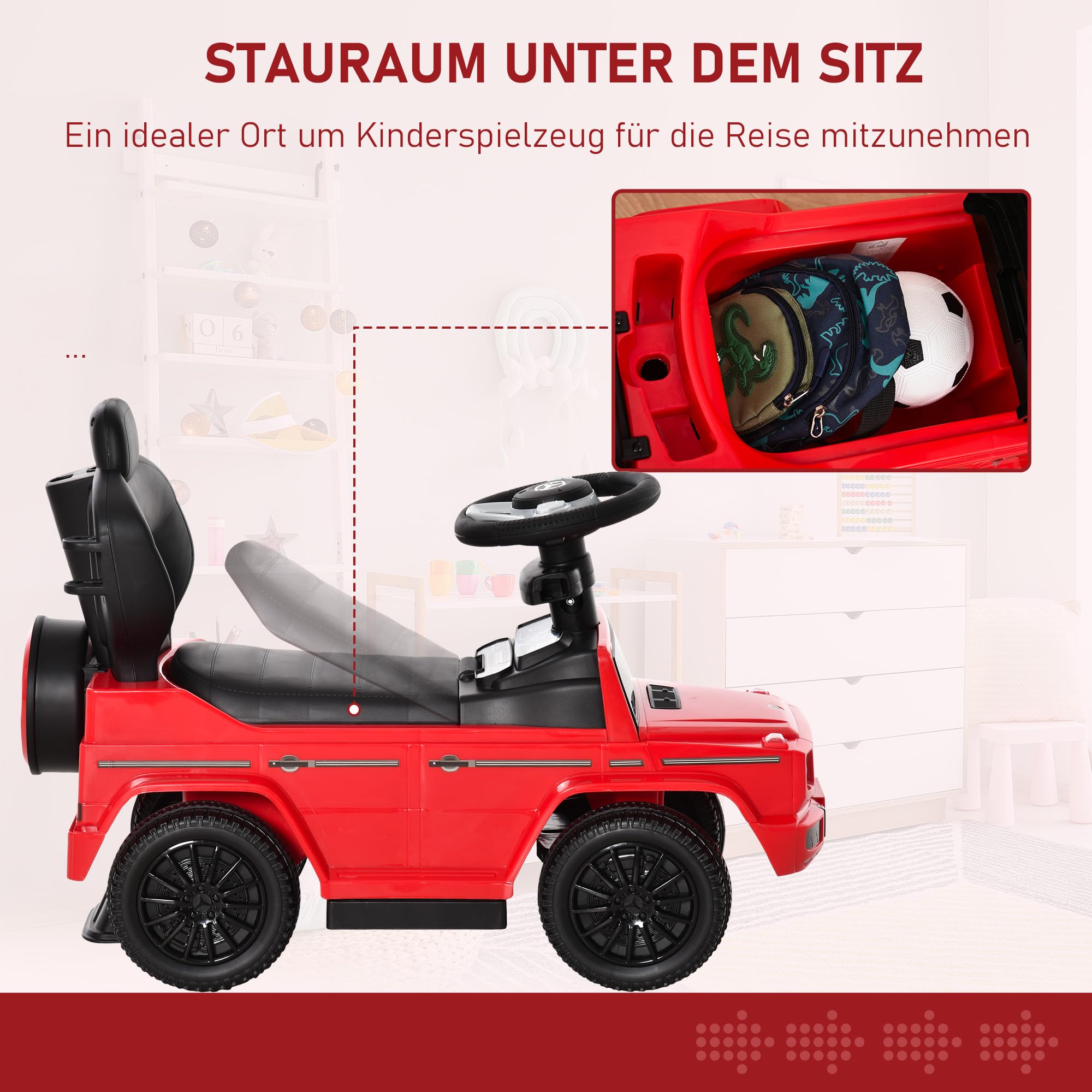 HOMCOM Rutschauto mit Schiebstange Mercedes-Benz G350 Rutschfahrzeug mit Lenkrad 3-in-1 Schiebeauto Kinderfahrzeug mit Hupe Fußstütze Sitzstauraum Kinderauto für Kinder von 18 bis 36 Monaten Rot