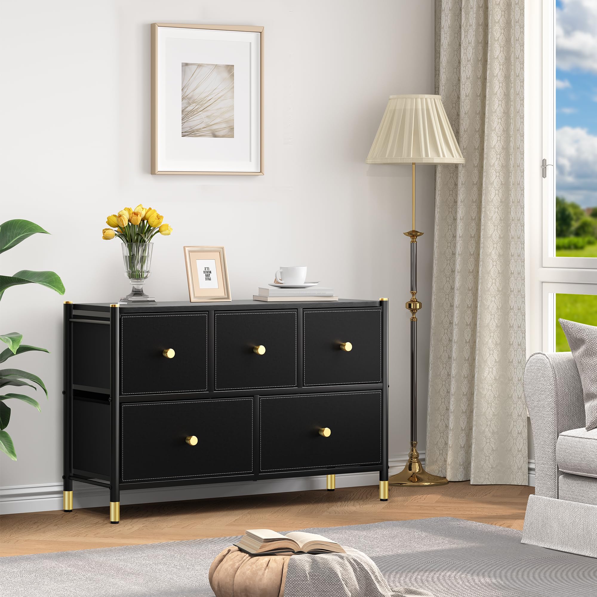 Commode à 8 Tiroirs YITAHOME En Tissu Avec Plateau Bois - Rangement Spacieux Chambre, Salon Et Couloir (Noir)
