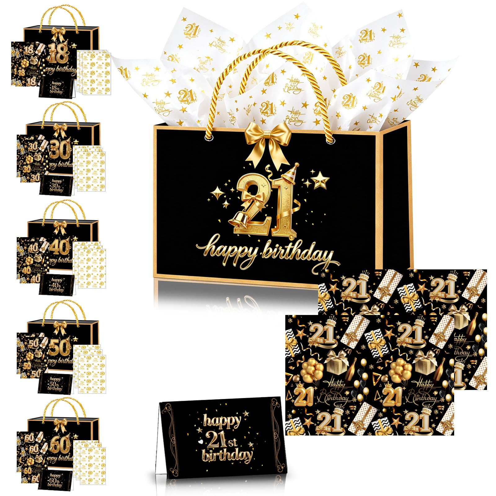 21st Birthday Gift Bag for Girls Boys,11×8×4" Black Gold 21st Gift Bag with 21st Birthday Wrapping Paper Tissue Paper Sheets Card Ribbon for Girl Boy Her Him 21st Birthdays Party Present Decorations