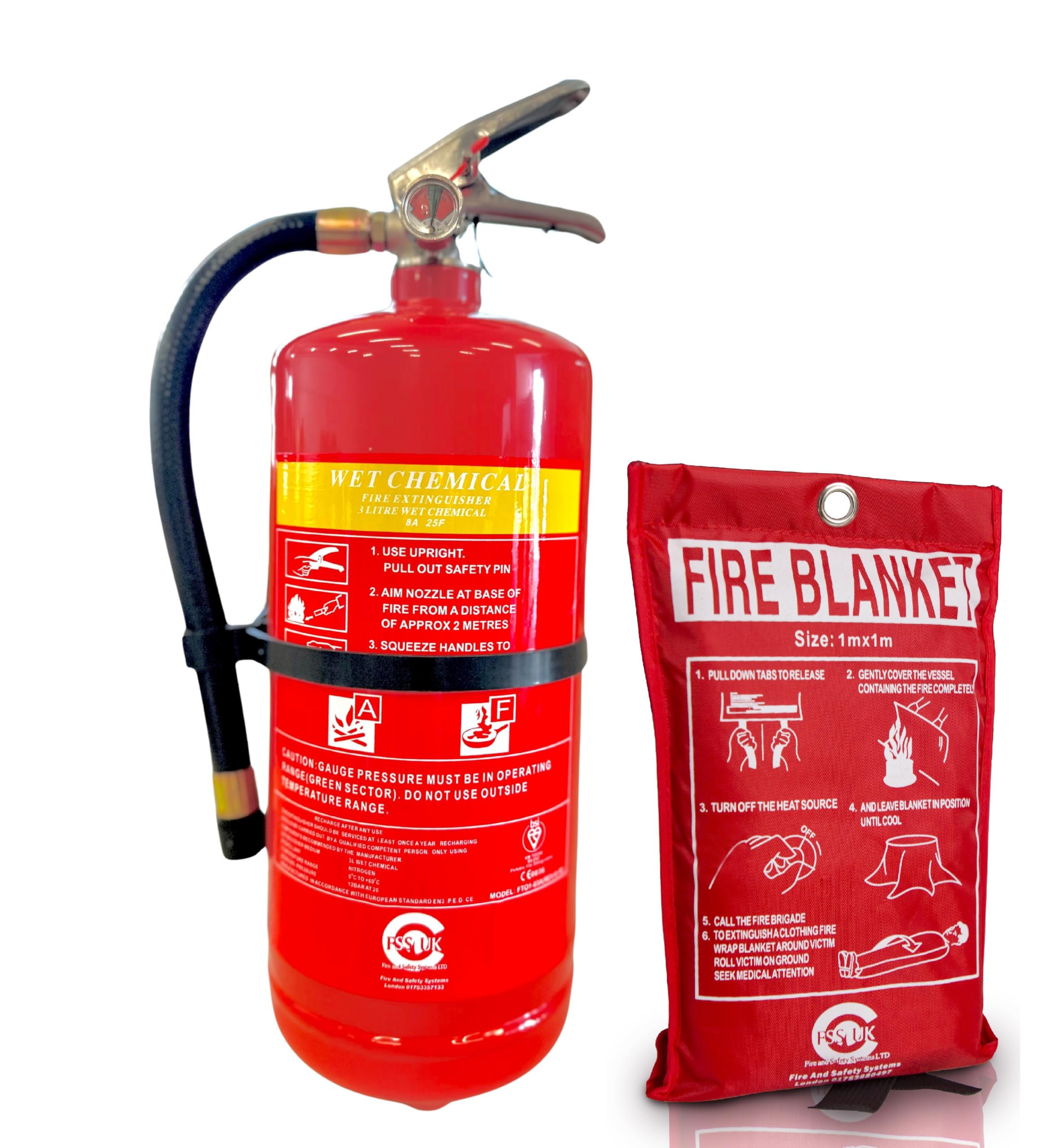 Fss Uk Premium 3 Litre Wet Chemical Foam Fire Extinguisher(Bsi) With Fire Blanket(Ce). Ideal For Commercial Kitchen, Restaurants Pubs Bars Cooking Fires 3 L Ltr Wet Chem 8A 34B 25F