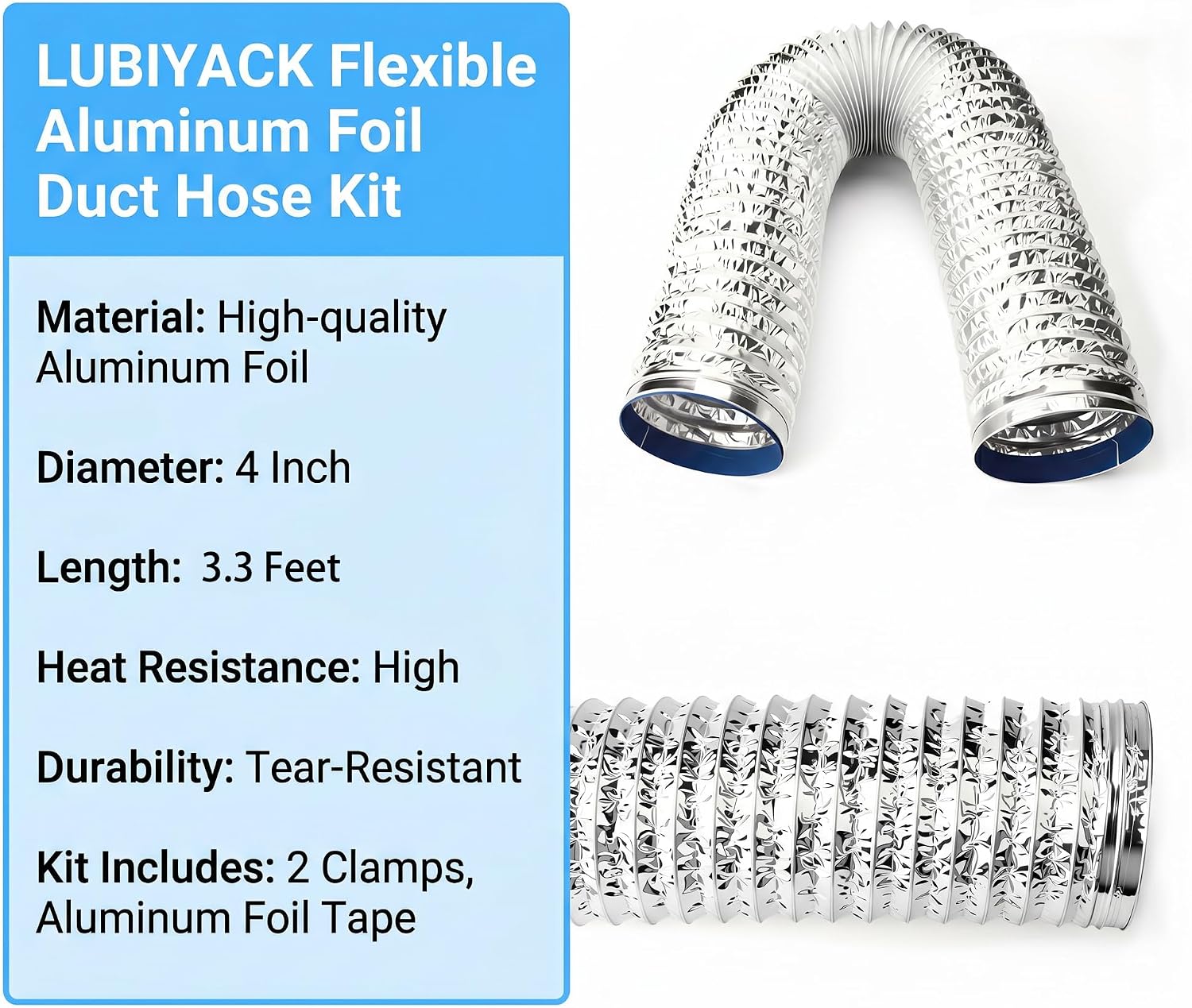 4 Inch 3.3 Feet Flexible Aluminum Foil Duct Hose Kit - Range Hood Ventilation Duct with 2 Large Clamps & Aluminum Foil Tape, for Kitchen Exhaust Fan, HVAC, Dryer Vent