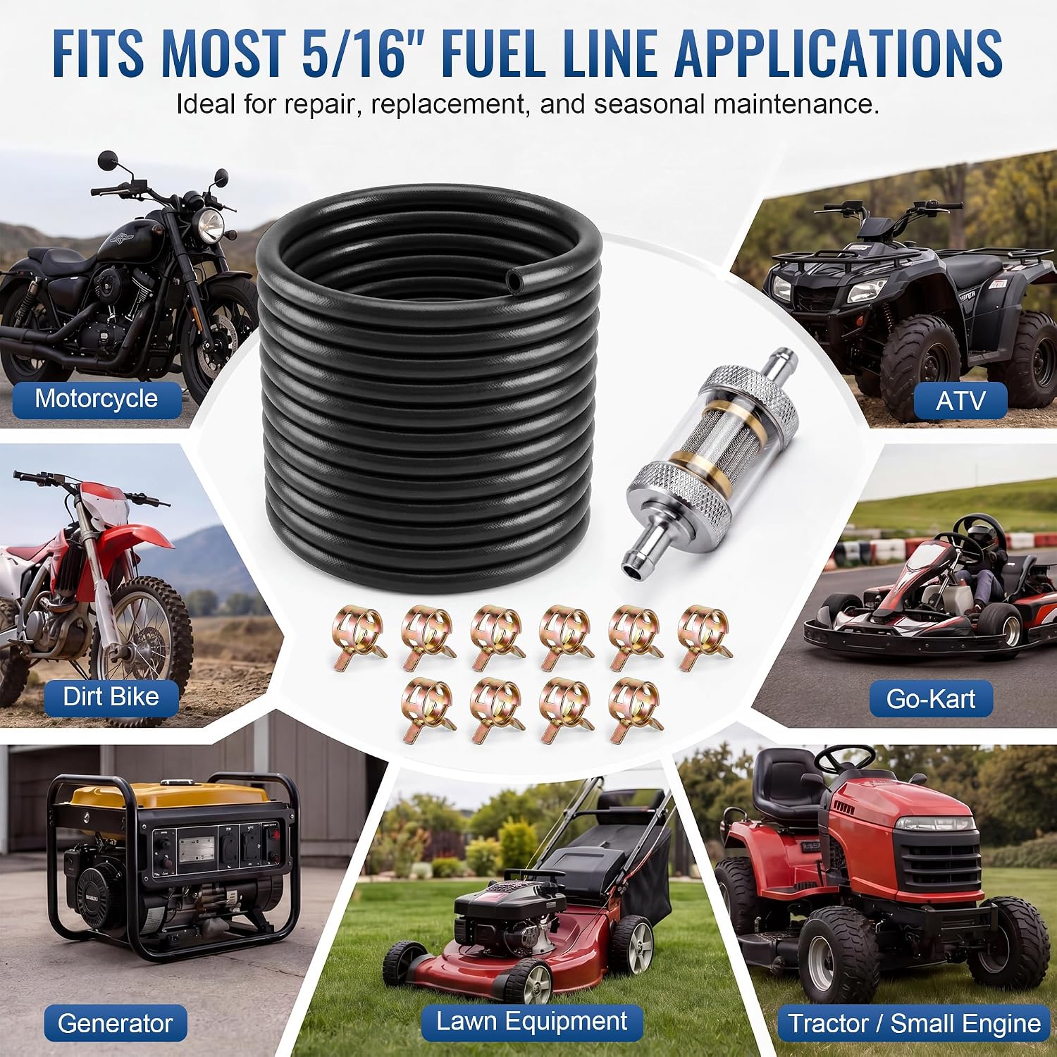 Meonum 5/16" ID Fuel Line Hose Kit - 25FT Professional Grade NBR Rubber with 5/16" Inline Fuel Filte and 10 Clamps, Universal Motorcycle Gas Filter for ATV Small Engine, 300 PSI NBR Rubber Gas Line