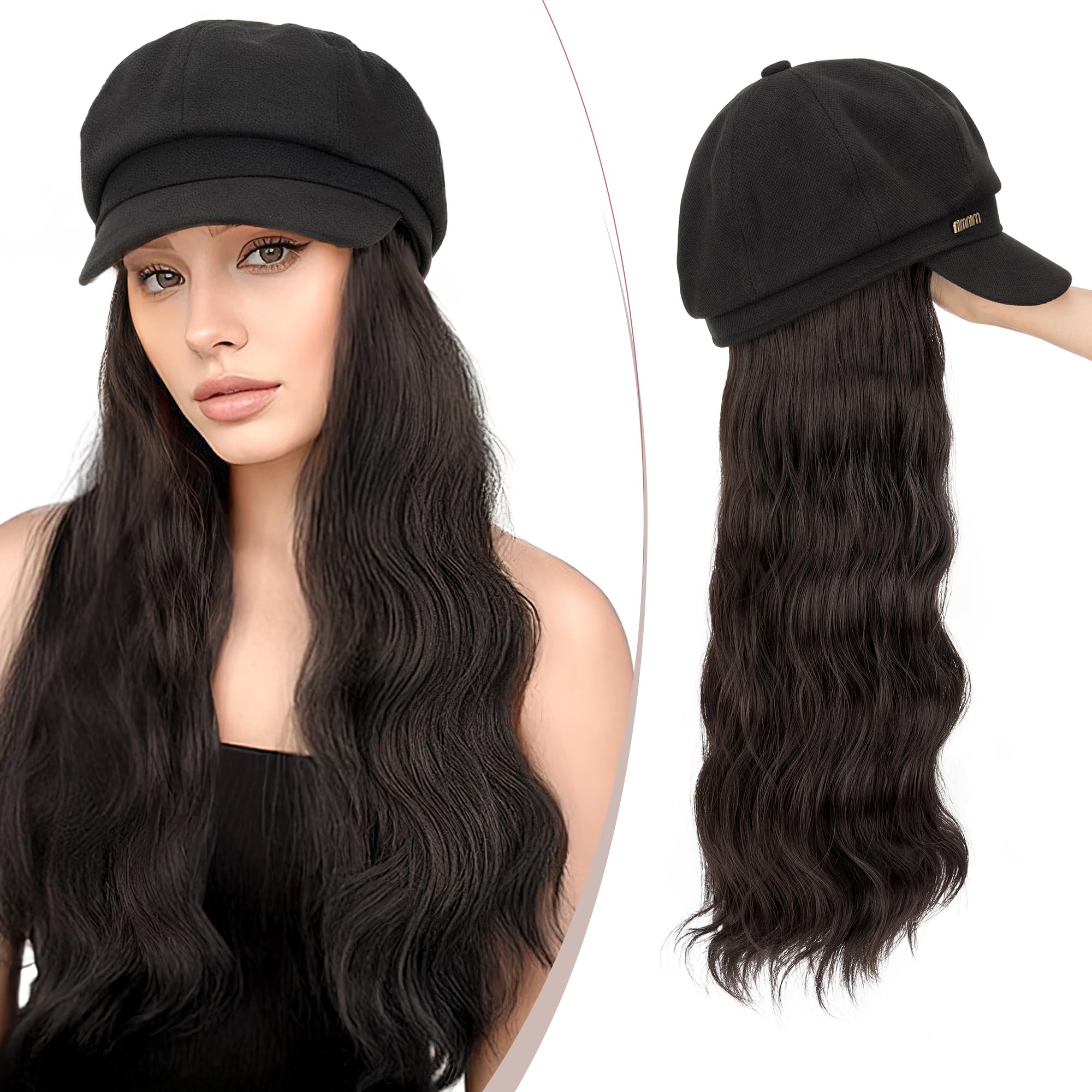 SEGO 18 Inch Long Wavy Hair Extension With Attached Black Beret Hat Synthetic Hairpiece Fashionable For Women - Dark Brown