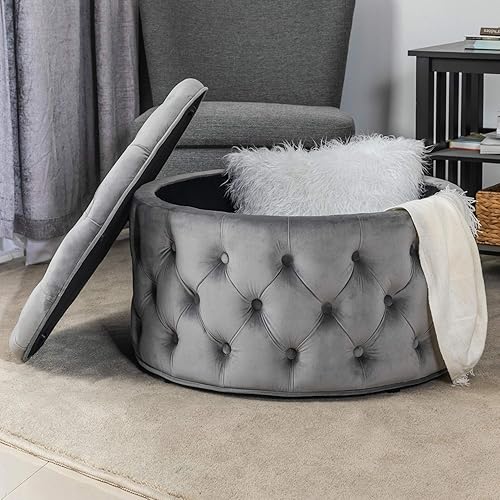 Miniatura 96 de Joveco Otomana redonda de almacenamiento, otomana tapizada con botones y parte superior extraíble, banco de almacenamiento, mesa auxiliar, Negro,