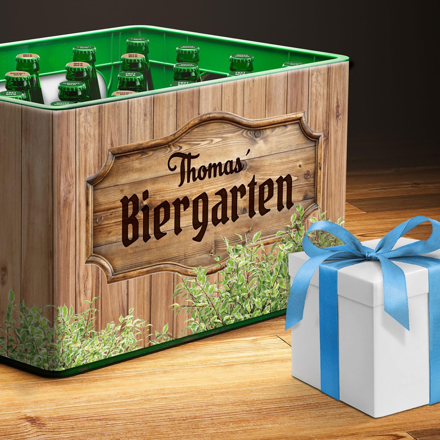 GRAVURZEILE Bierkasten-Banderole - Biergarten - Personalisiert mit Name - Geschenkidee für Männer zum Vatertag & Geburtstag - Inkl. 24 Flaschendeckel-Aufkleber - Passend für 20er Bierkasten