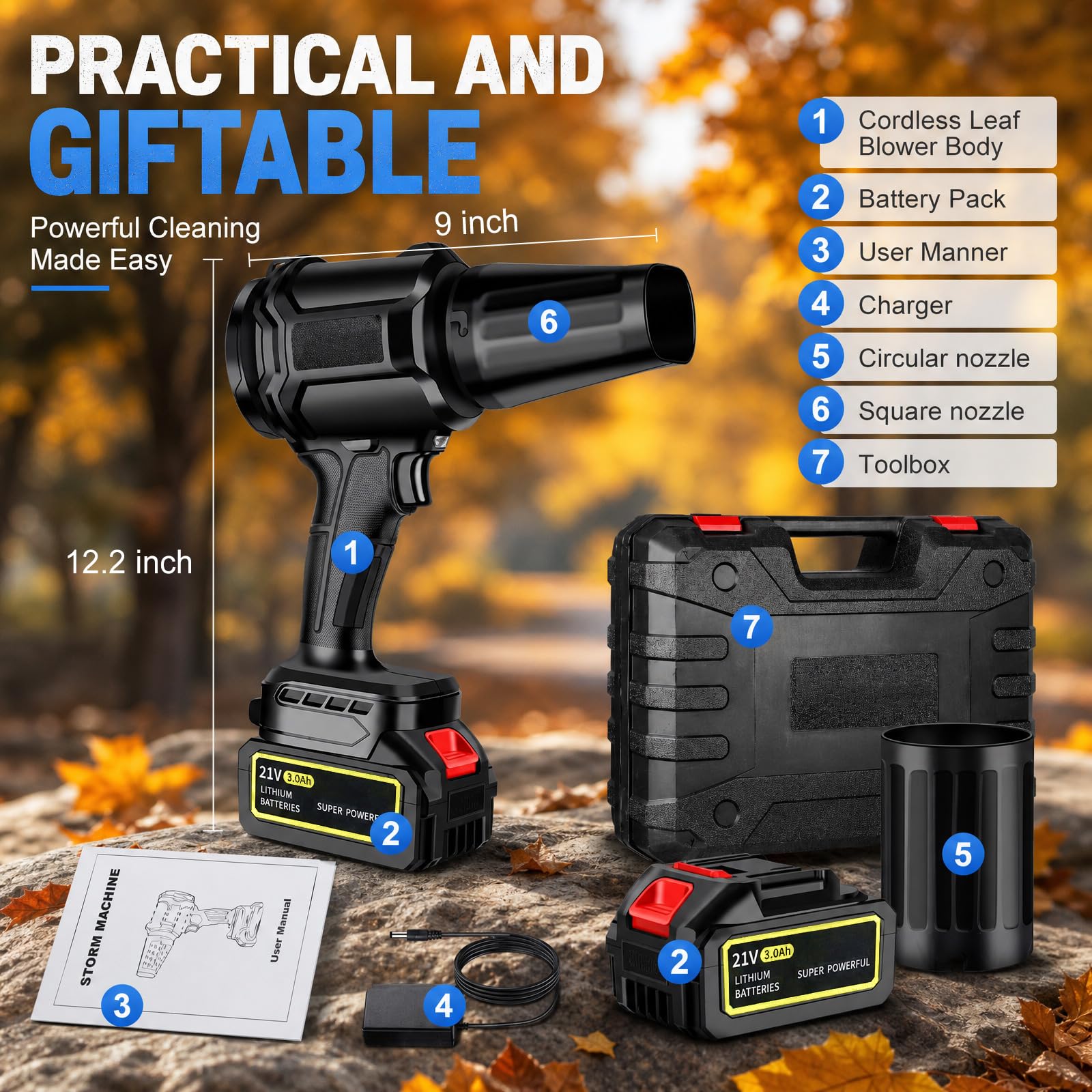 Ventola turbo da 3000 W, a batteria, con 2 batterie, 30.000 giri/min, motore senza spazzole, soffiatore elettrico per foglie, neve e polvere, regolabile in modo continuo (nero)