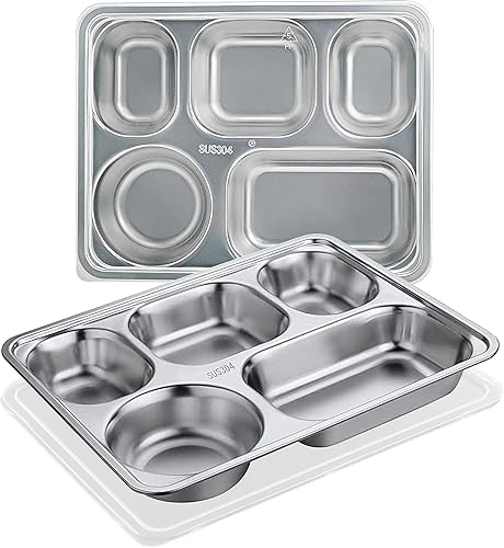 Miniatura 1 de VENTION Platos divididos de acero inoxidable para adultos, 5 platos de compartimentos con tapas, platos llanos de 5 secciones, paquete de 2