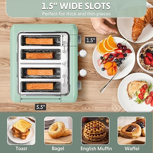 Miniatura 3 de BUYDEEM DT640 Tostadora Retro de 4 Rebanadas, 7 Configuraciones de Tostado, Ranuras Extra Anchas de 1.5'', Tostadora de Acero Inoxidable con Función