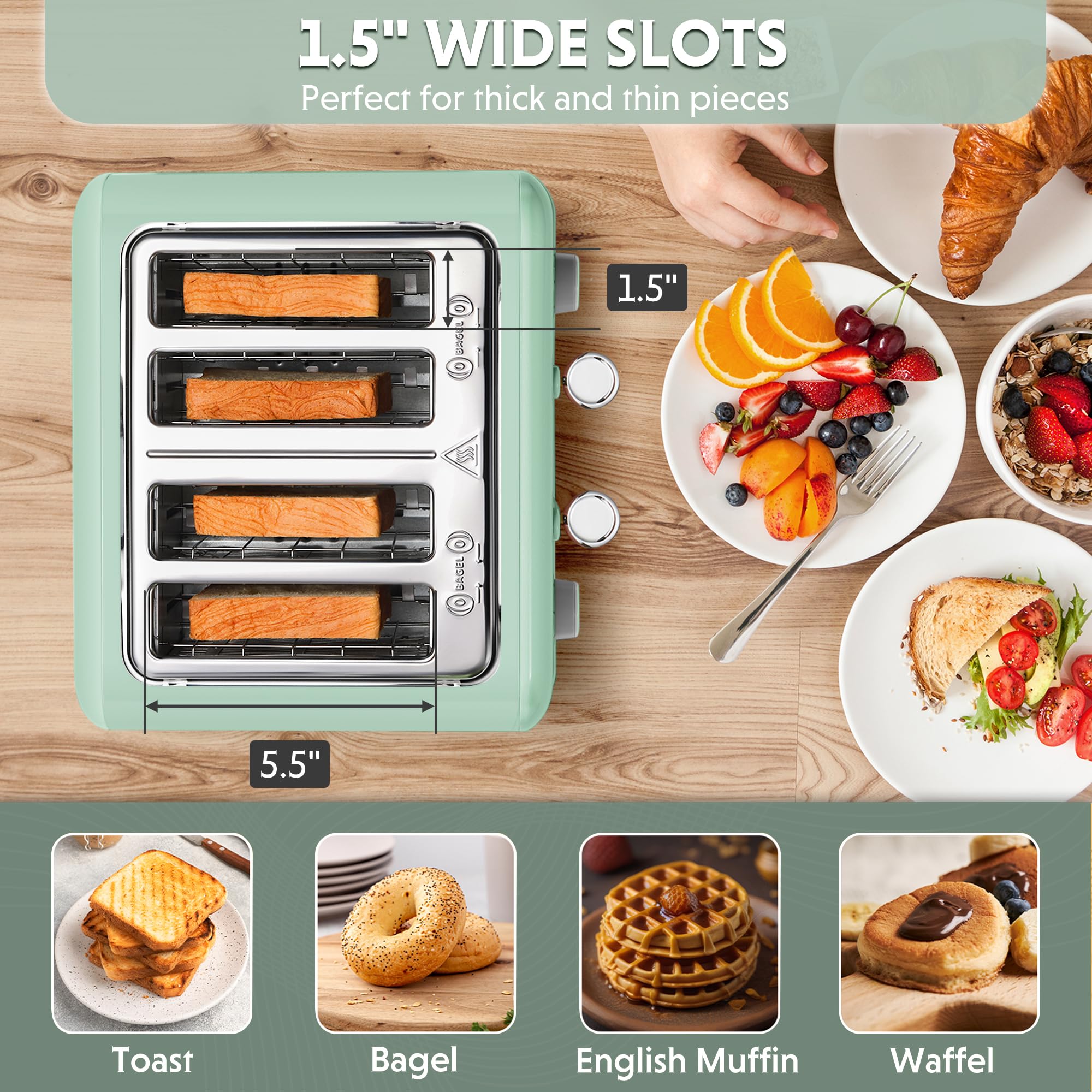 BUYDEEM DT640 4-Slice Toaster, Extra Wide Slots, Retro Stainless Steel with High Lift Lever, Bagel and Muffin Function, Removal Crumb Tray, 7-Shade Settings,Mellow Yellow: 4-Slice Green