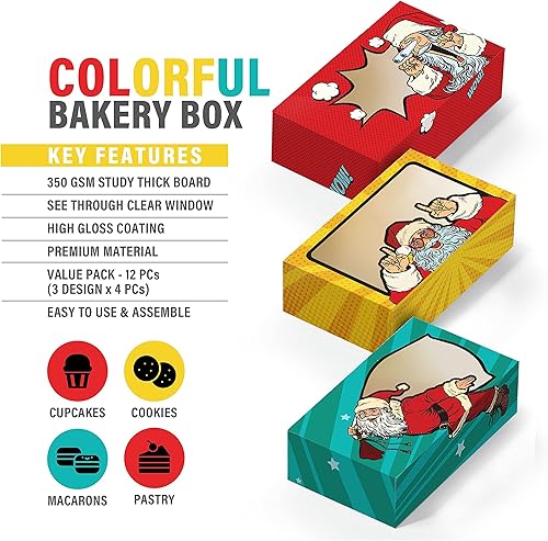 Miniatura 4 de easykart labels 12 cajas de regalo de galletas navideñas para panadería (8.75 x 5.75 x 2.75 pulgadas) en 3 diseños, patrones coloridos con ventana