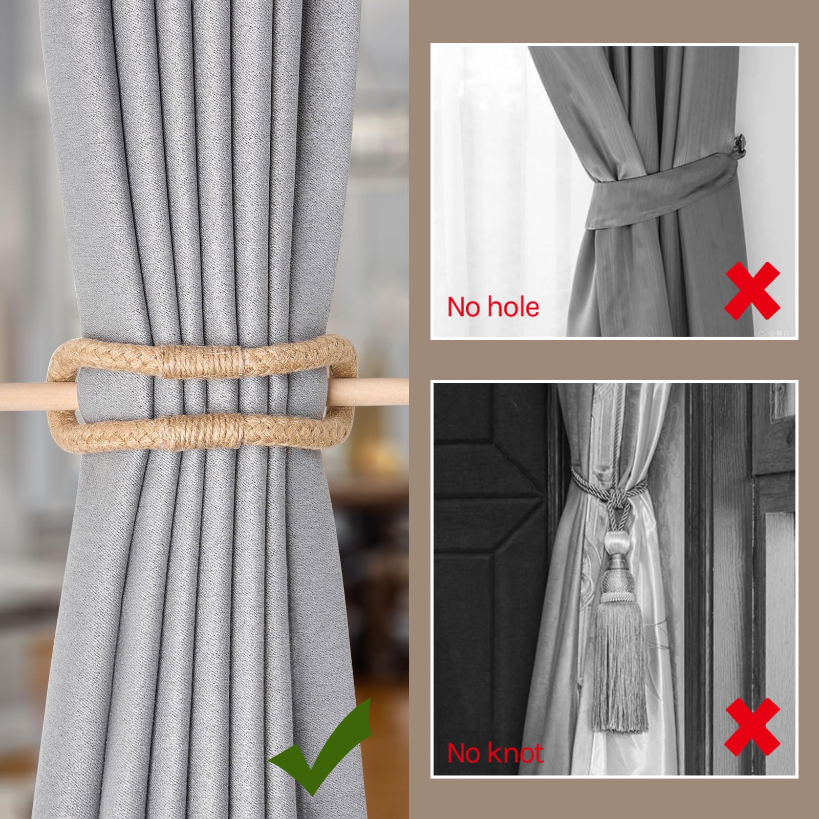 Pretty Jolly 4 Pack Natural Jute Rope Curtain Tiebacks Boho Rustic Style Decorative Drape Tie Backs Farmhouse Hand-Woven Curtain Holdbacks with Wood Club for Home & Office Drapery (Jute loop-01) - Image 2