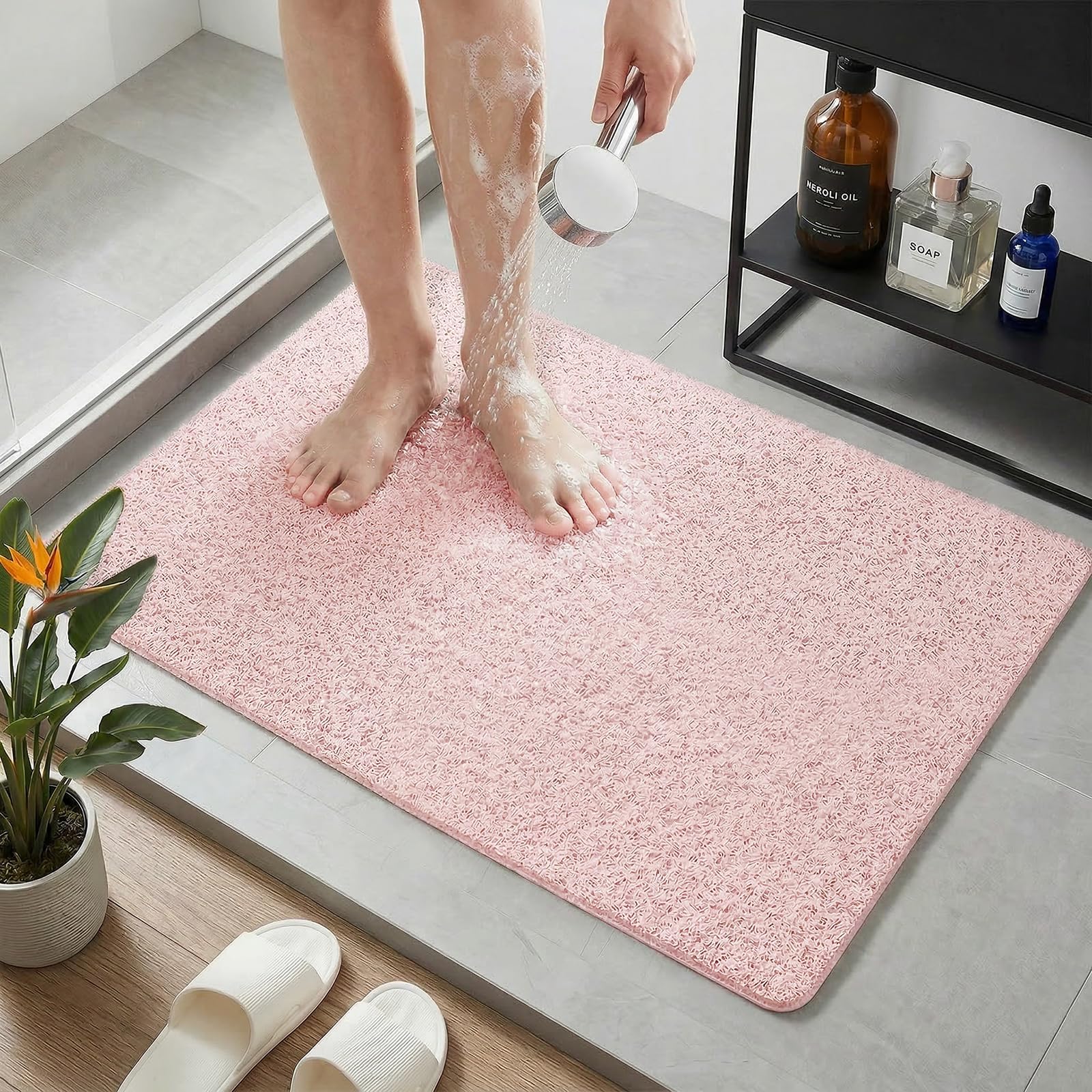 BLESWIN 40 x 100 CM Soft PVC Loofah Shower Mat Extra Long Pink