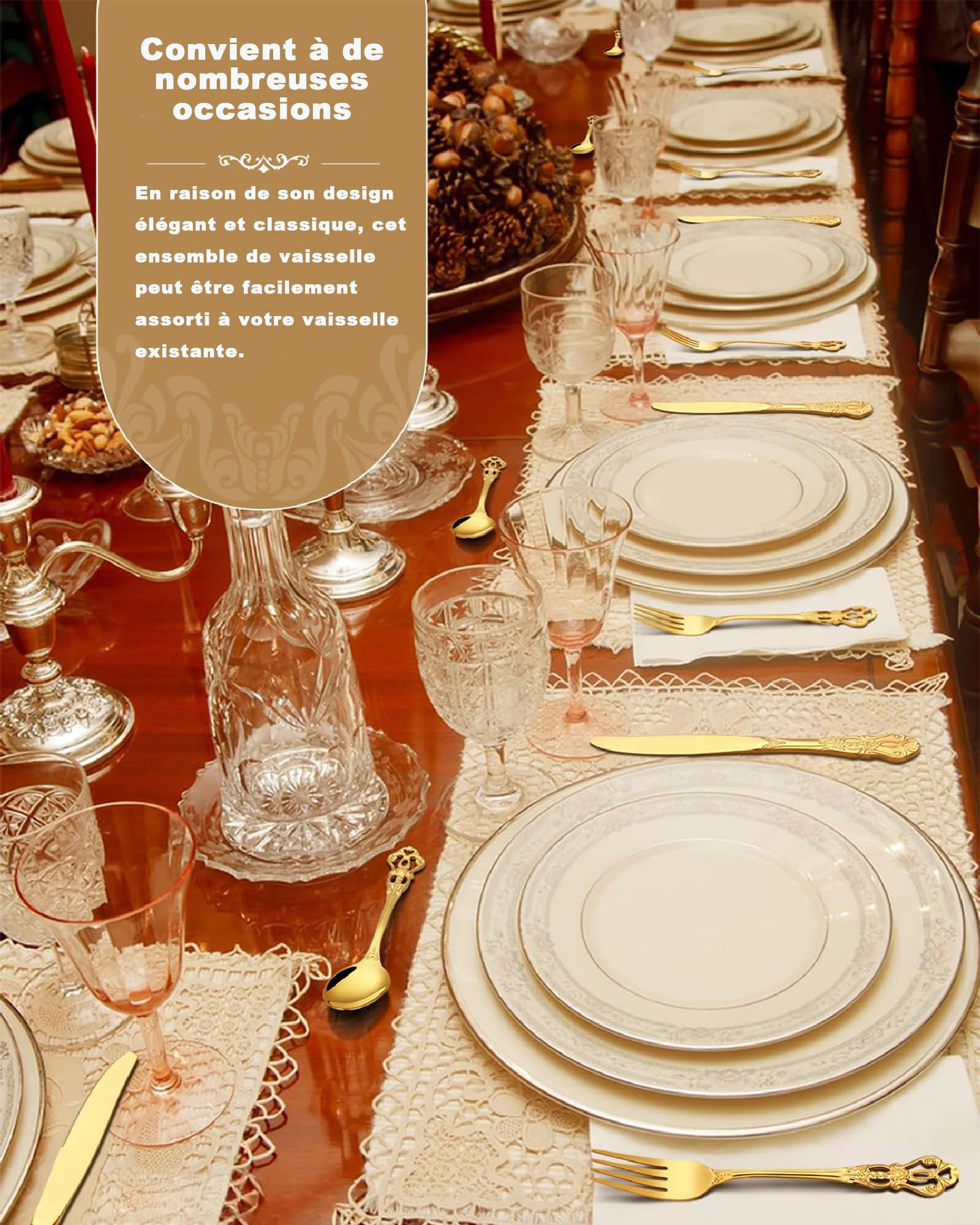 set couverts de table or 6 personnes Rétro royal, ensemble de couverts inox 24 pièces, se compose de couteaux/fourchettes/cuillères, finition Poli résistant, facile à nettoyer