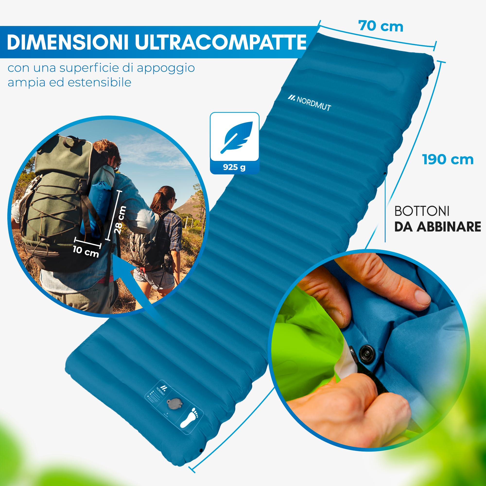 NORDMUT® Materassino da Campeggio Autogonfiante con Pompa a Pedale Integrata 10cm – Materassino Camping Compatto – Ultra Confortevole (Blu)